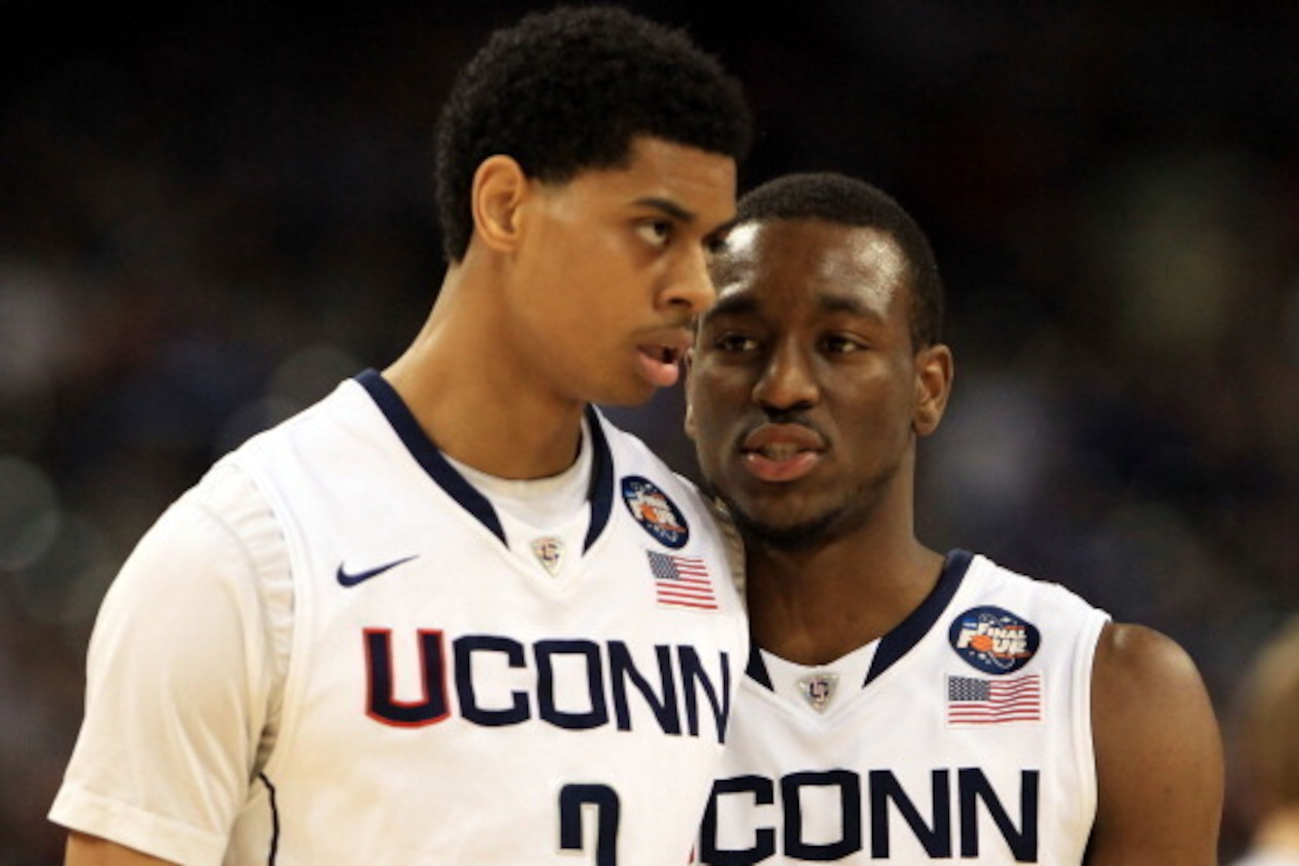 HOUSTON, TX - APRIL 04:  Jeremy Lamb #3 and Kemba Walker #15 of the Connecticut Huskies talk against the Butler Bulldogs during the National Championship Game of the 2011 NCAA Division I Men's Basketball Tournament at Reliant Stadium on April 4, 2011 in H