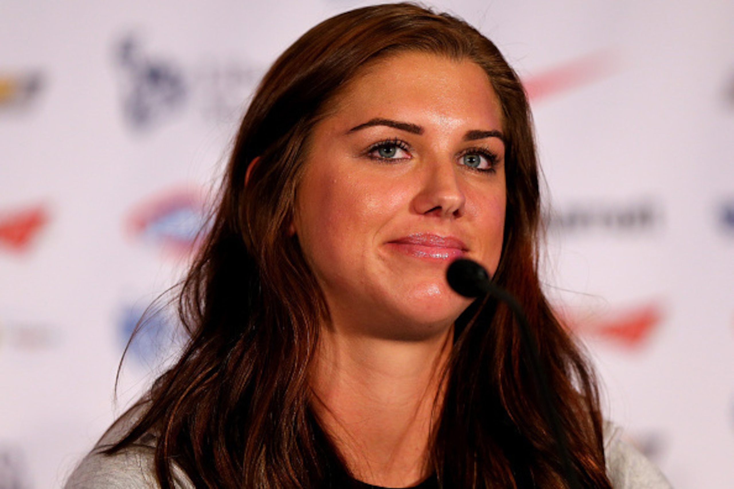 NEW YORK, NY - MAY 27:  Alex Morgan answers questions during the United States Women's World Cup Media Day at Marriott Marquis Hotel on May 27, 2015 in New York City.  (Photo by Elsa/Getty Images)