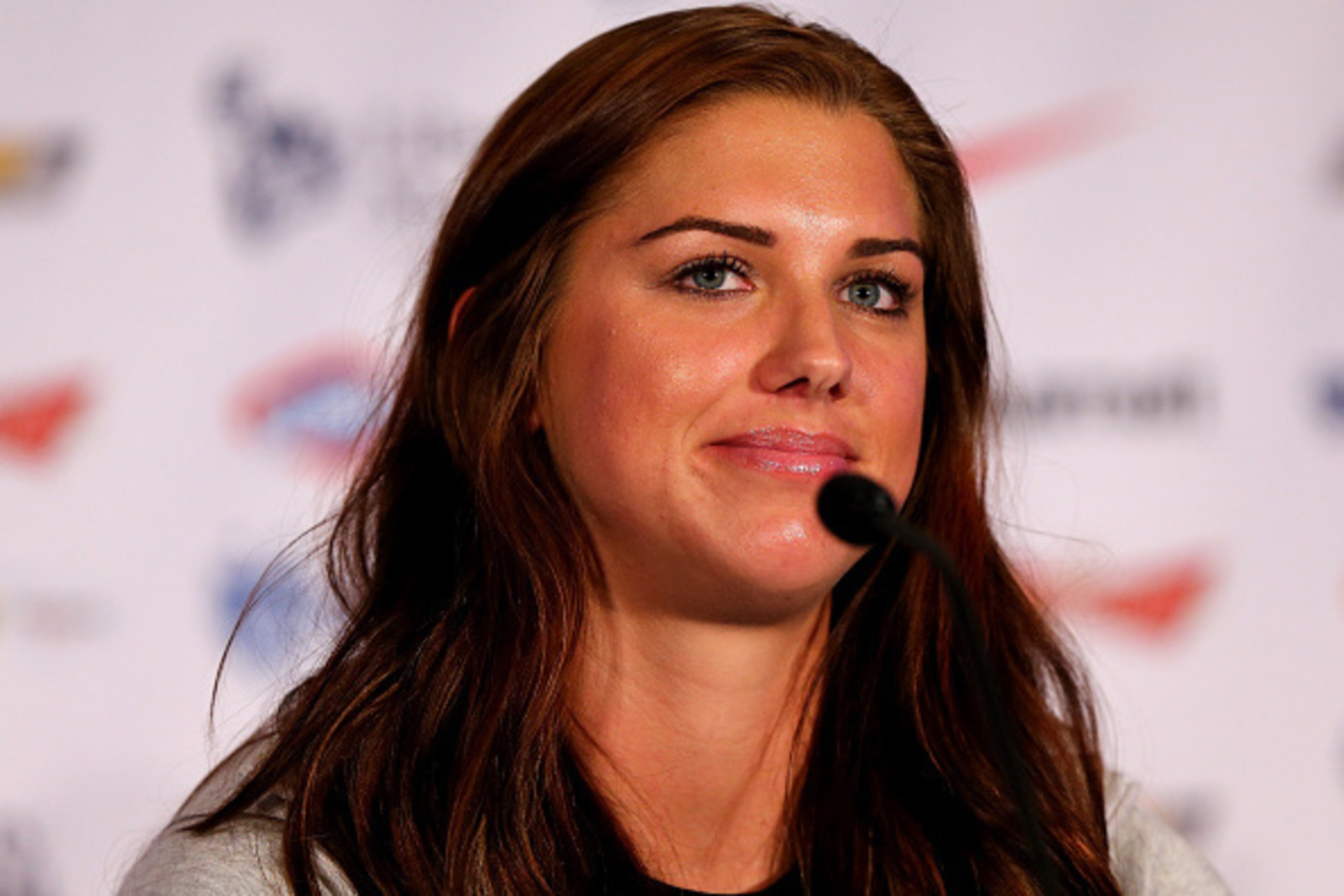 NEW YORK, NY - MAY 27:  Alex Morgan answers questions during the United States Women's World Cup Media Day at Marriott Marquis Hotel on May 27, 2015 in New York City.  (Photo by Elsa/Getty Images)