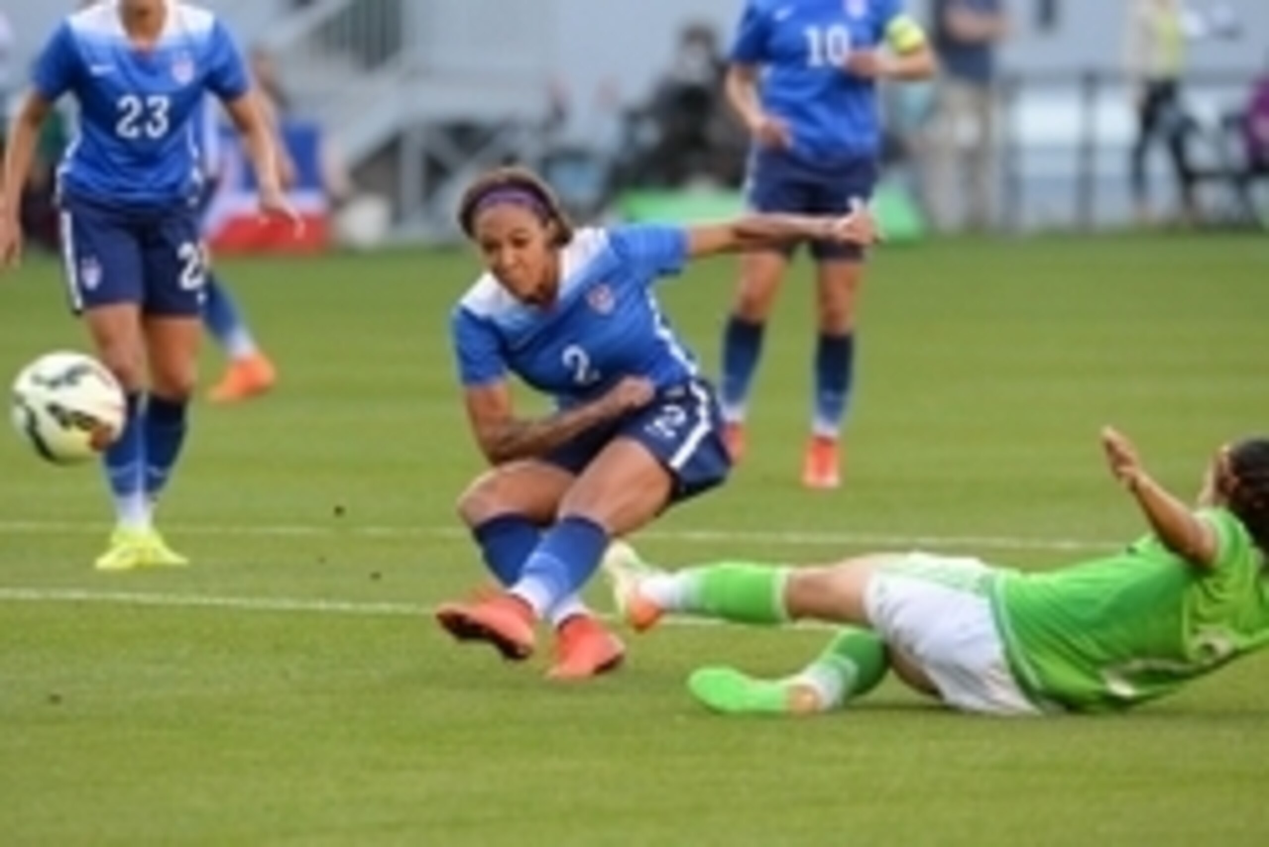 May 17, 2015; Carson, CA, USA; Mexico defender Kenti Robles (2) blocks a shot on goal by USA defender Sydney Leroux (2) in the first half of the game at StubHub Center. Mandatory Credit: Jayne Kamin-Oncea-USA TODAY Sports
