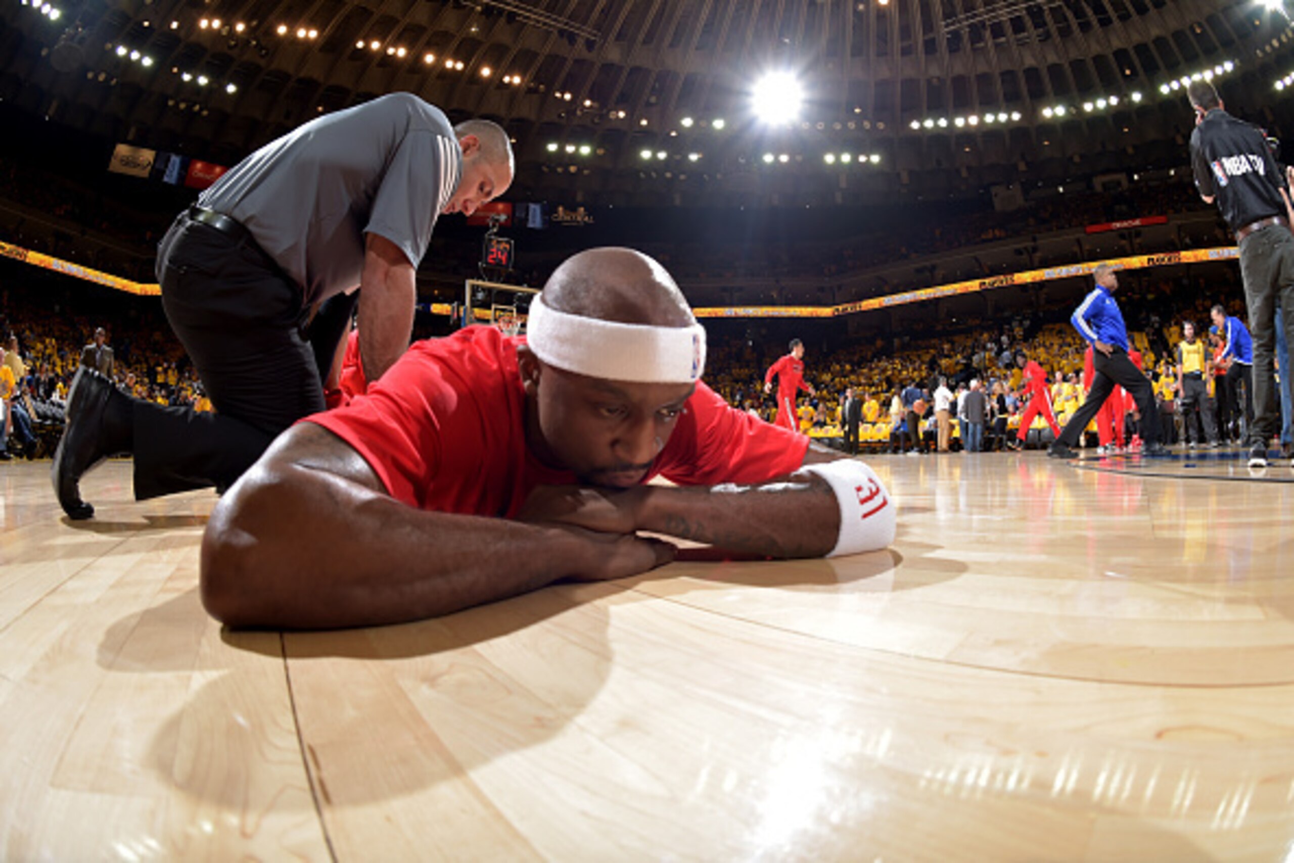 OAKLAND, CA - MAY 27:  Jason Terry #31 of the Houston Rockets warms up for Game Five of the Western Conference Finals against the Golden State Warriors during the 2015 NBA Playoffs on May 27, 2015 at ORACLE Arena in Oakland, California. NOTE TO USER: User