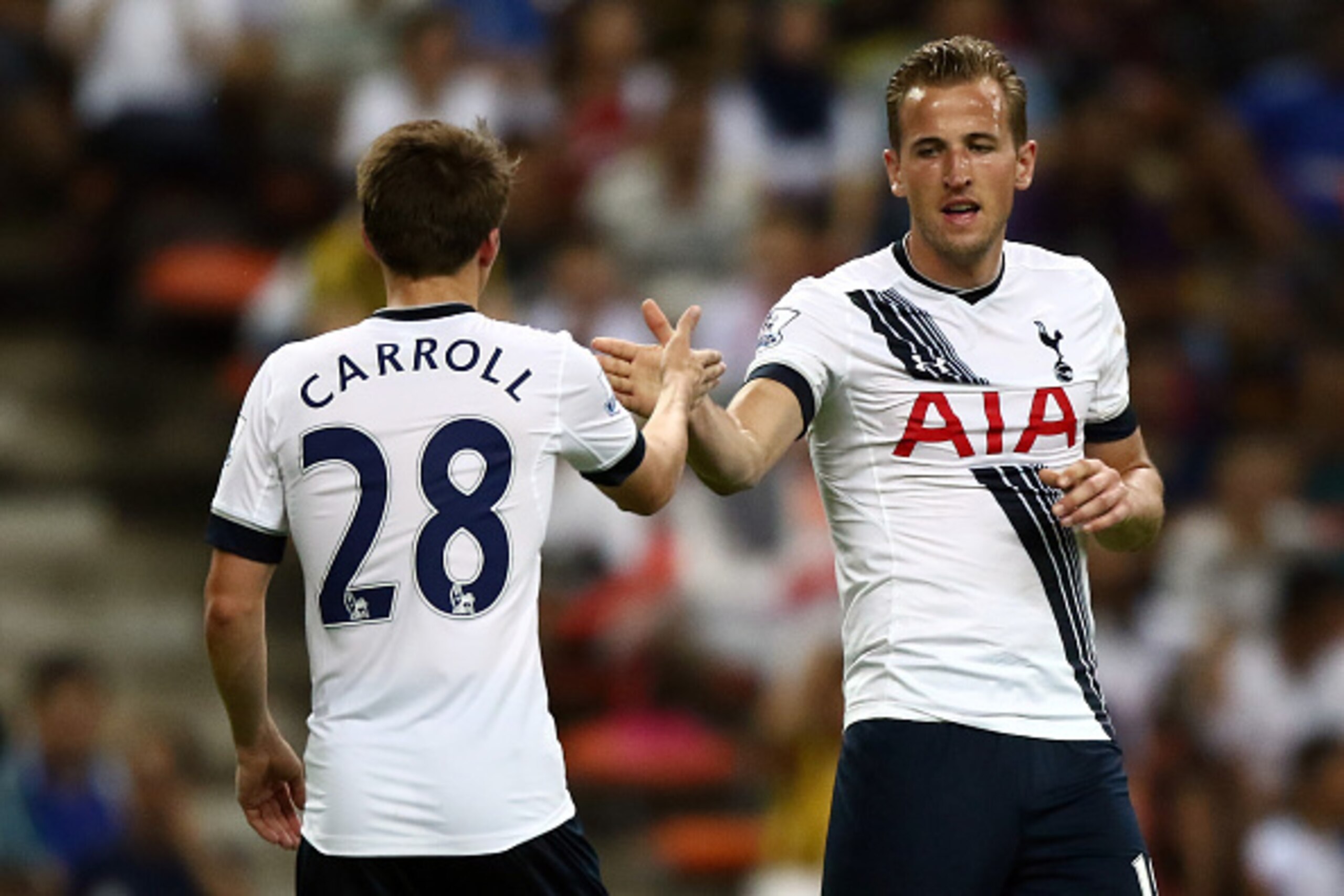 SHAH ALAM, MALAYSIA - MAY 27:  Harry Kane of Tottenham Hotspur celebrates with Thomas carroll after scoring during the pre-season friendly match between Malaysia XI and Tottenham Hotspur at Shah Alam Stadium on May 27, 2015 in Shah Alam, Malaysia.  (Photo