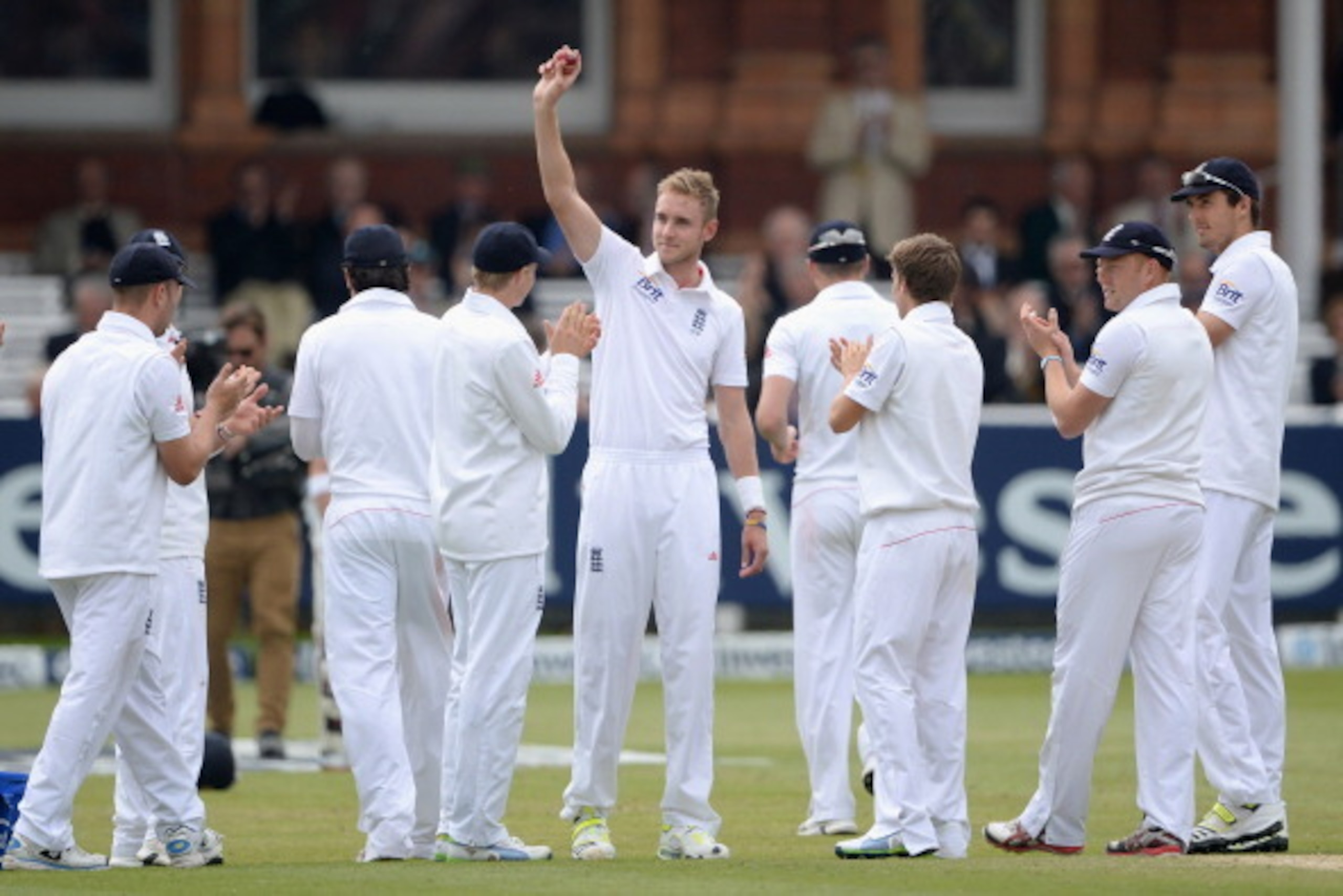 LONDON, ENGLAND - MAY 19:  Stuart Broad of England celebrates his five wicket haul during day four of 1st Investec Test match between England and New Zealand at Lord's Cricket Ground on May 19, 2013 in London, England.  (Photo by Gareth Copley/Getty Image