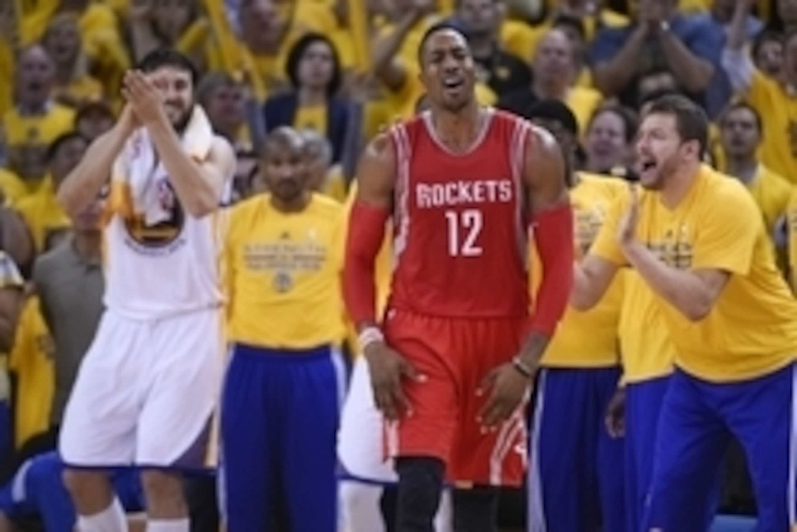 May 27, 2015; Oakland, CA, USA; (Editor's Note: Caption Correction) Houston Rockets center Dwight Howard (12) reacts during the game against the Golden State Warriors in game five of the Western Conference Finals of the NBA Playoffs. at Oracle Arena. Man May 27, 2015; Oakland, CA, USA; (Editor's Note: Caption Correction) Houston Rockets center Dwight Howard (12) reacts during the game against the Golden State Warriors in game five of the Western Conference Finals of the NBA Playoffs. at Oracle Arena. Man