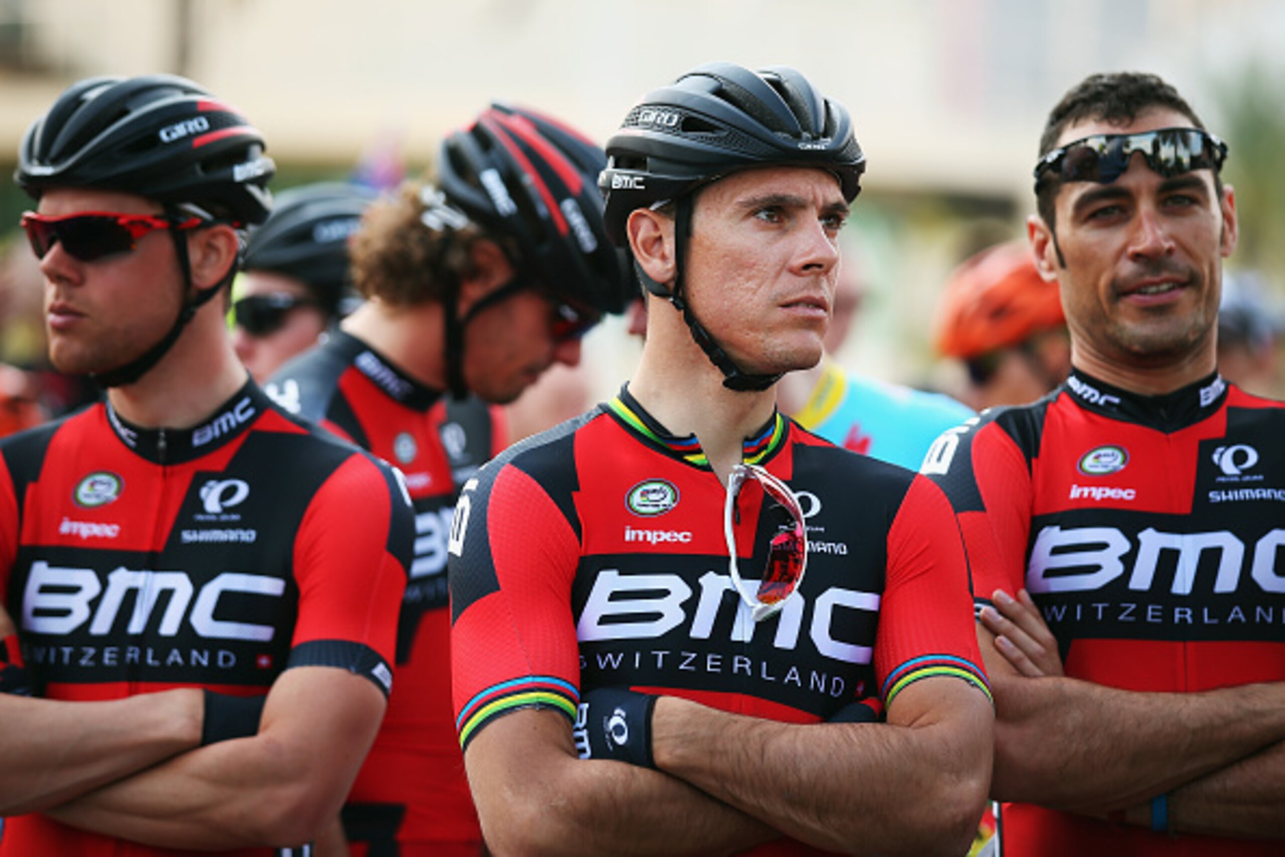 DUBAI, UNITED ARAB EMIRATES - FEBRUARY 06:  Philippe Gilbert of Belgium and the BMC Racing team looks on at the start of stage three of the Dubai Tour from the Dubai International Marine Club to Hatta Dam on February 6, 2015 in Dubai, United Arab Emirates