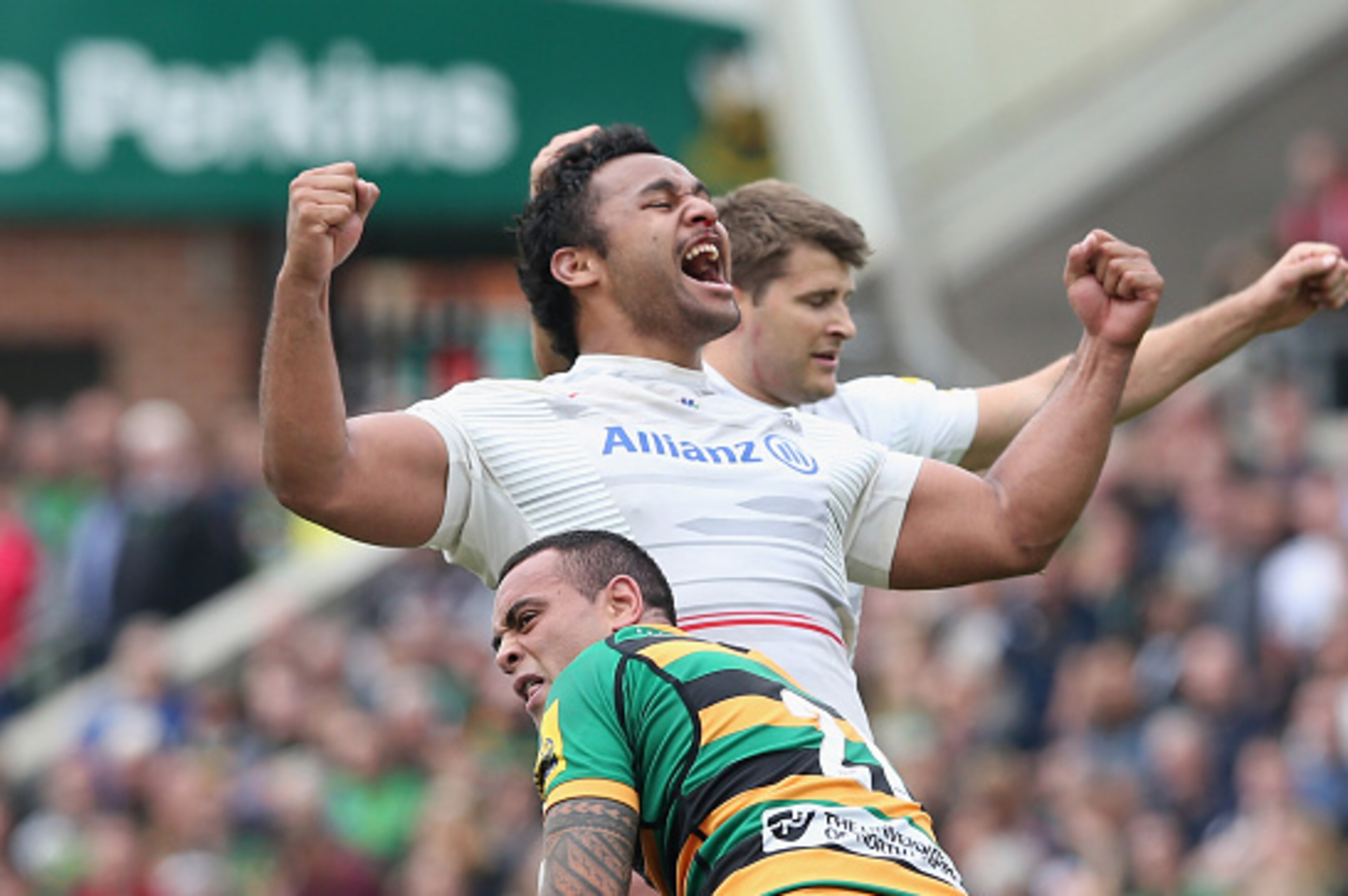 NORTHAMPTON, ENGLAND - MAY 23:  Billy Vunipola of  Saracens celebrates their victory during the Aviva Premiership play off semi final match between Northampton Saints and Saracens at Franklin's Gardens on May 23, 2015 in Northampton, England.  (Photo by D