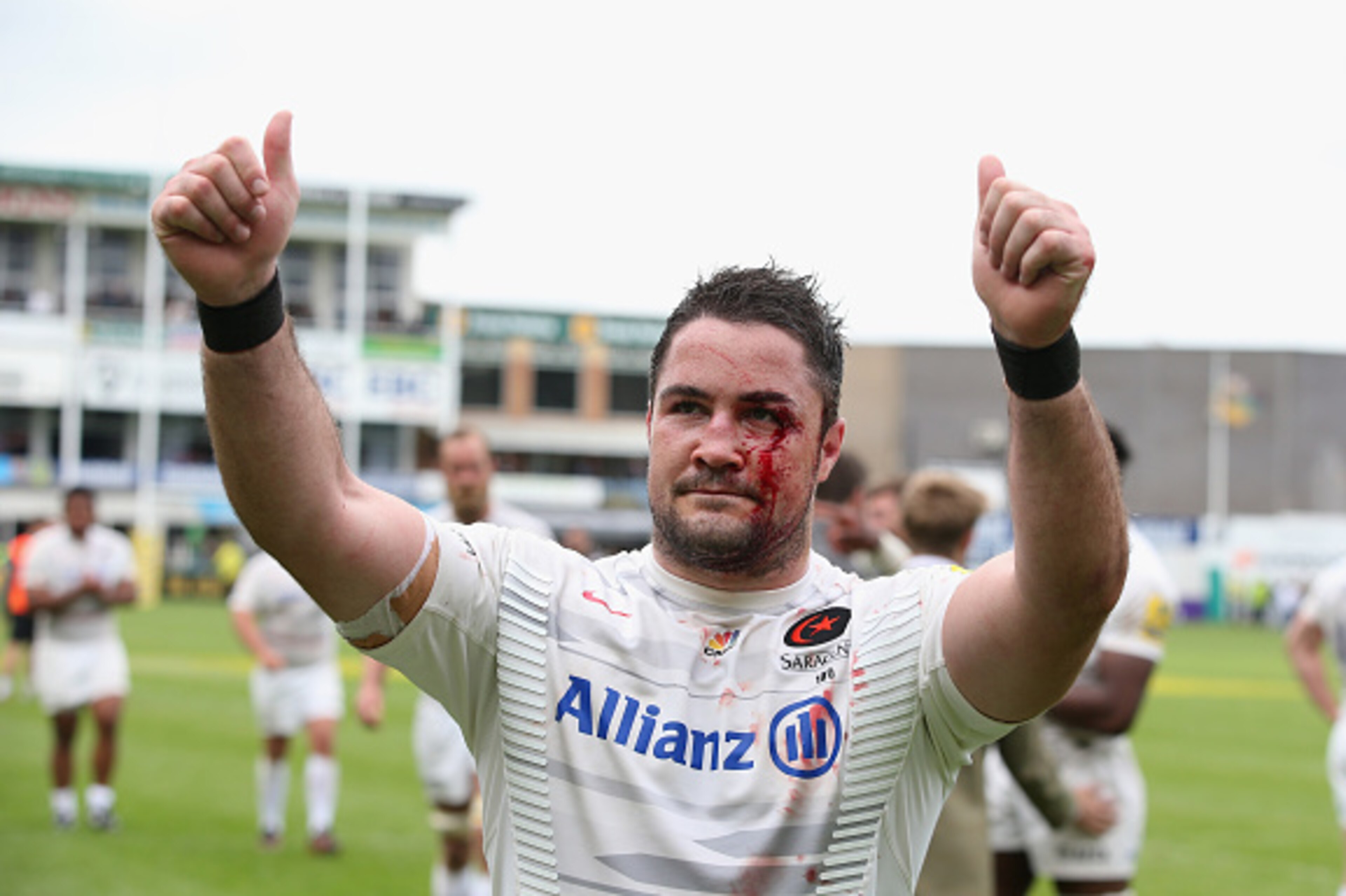 NORTHAMPTON, ENGLAND - MAY 23:  Blood streams down the face of Brad Barritt, the Saracens centre as he celebrates their victory during the Aviva Premiership play off semi final match between Northampton Saints and Saracens at Franklin's Gardens on May 23,