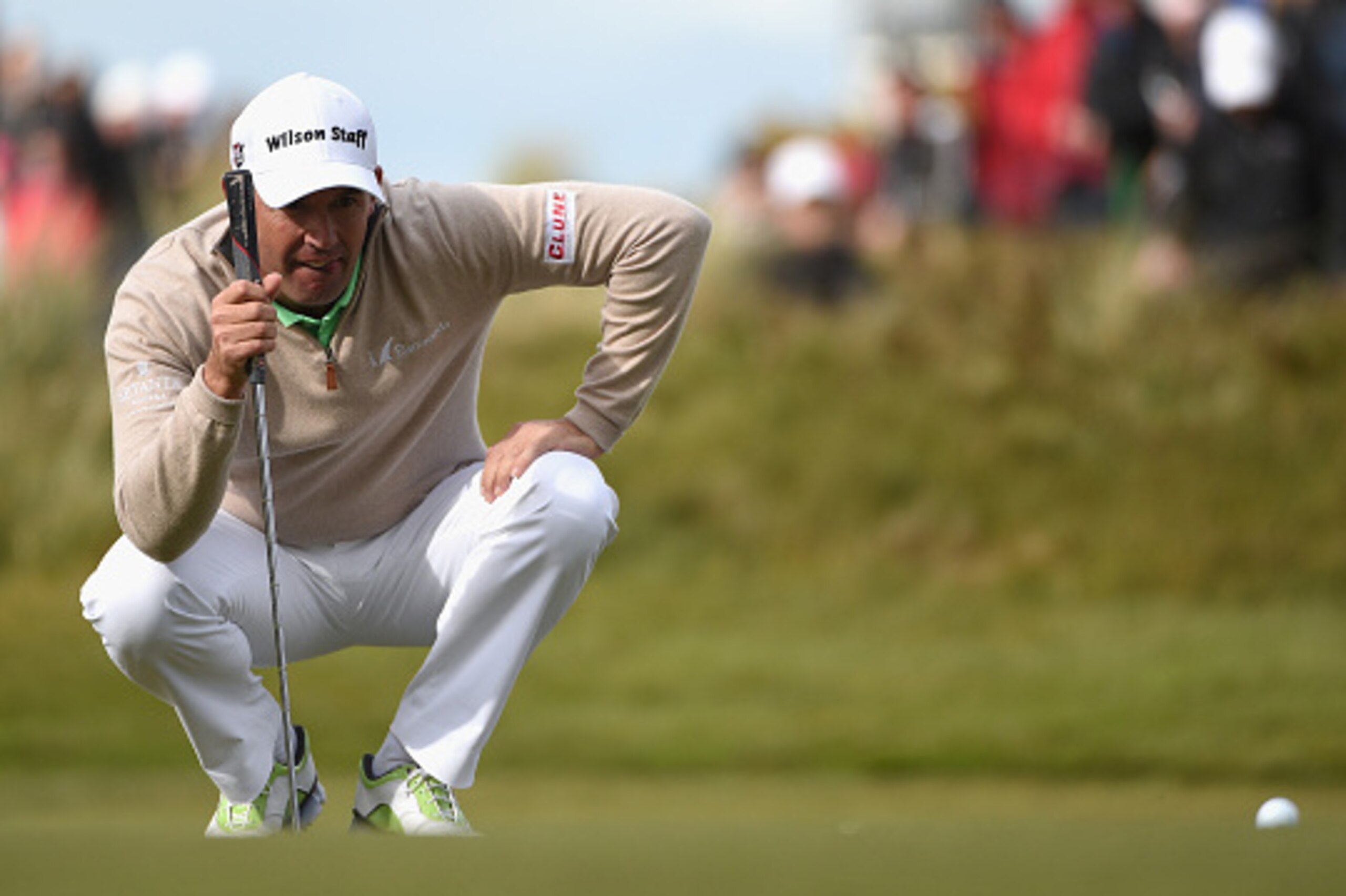 NEWCASTLE, NORTHERN IRELAND - MAY 28:  Padraig Harrington of Ireland lines up on the 18th green during the First Round of the Dubai Duty Free Irish Open Hosted by the Rory Foundation at Royal County Down Golf Club on May 28, 2015 in Newcastle, Northern Ir