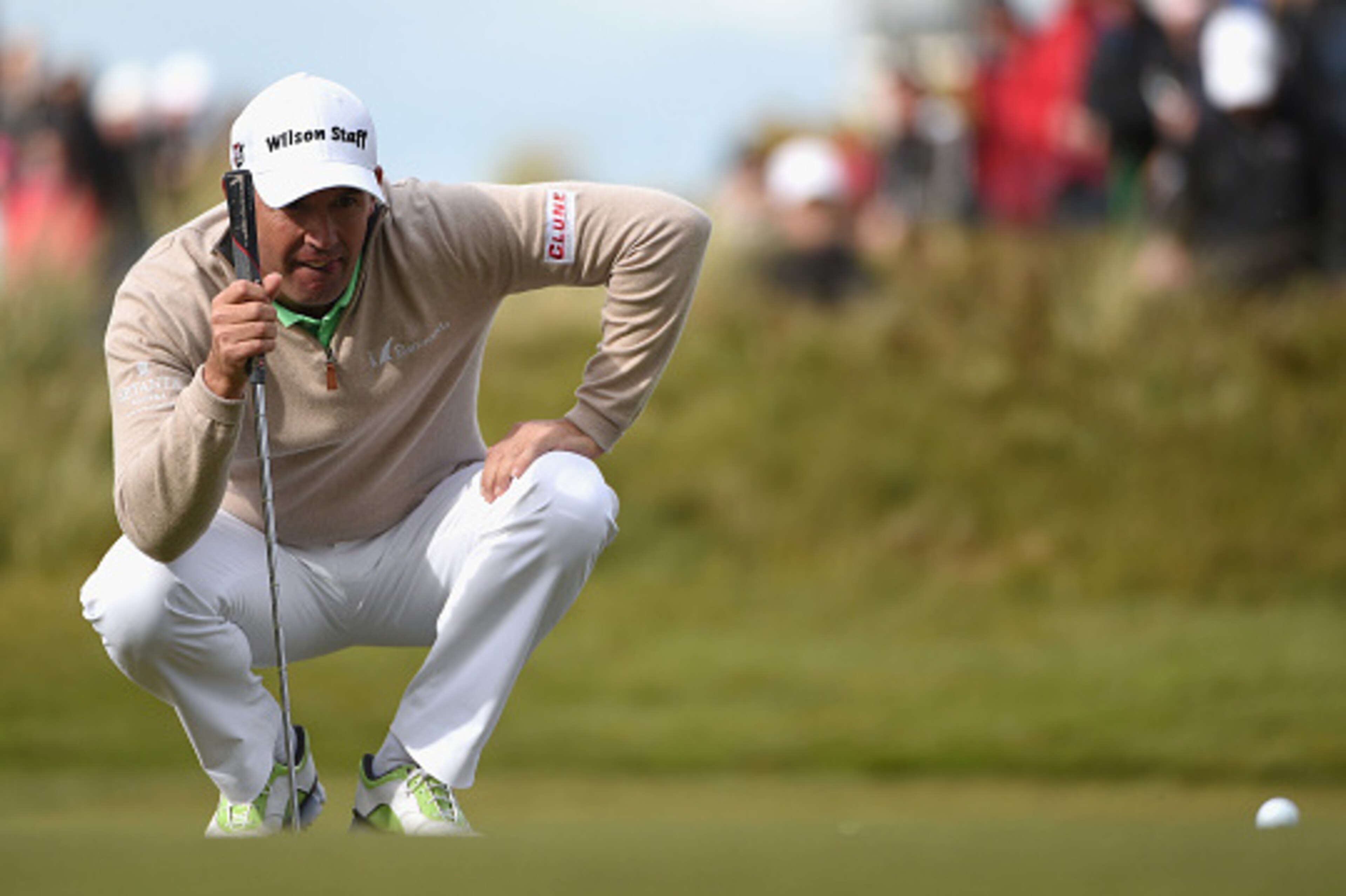 NEWCASTLE, NORTHERN IRELAND - MAY 28:  Padraig Harrington of Ireland lines up on the 18th green during the First Round of the Dubai Duty Free Irish Open Hosted by the Rory Foundation at Royal County Down Golf Club on May 28, 2015 in Newcastle, Northern Ir