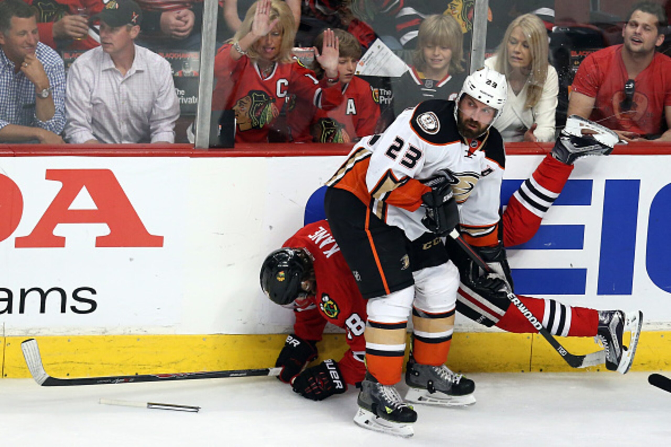CHICAGO, IL - MAY 27: Francois Beauchemin #23 of the Anaheim Ducks checks Patrick Kane #88 of the Chicago Blackhawks in Game Six of the Western Conference Finals during the 2015 NHL Stanley Cup Playoffs at the United Center on May 27, 2015 in Chicago, Ill CHICAGO, IL - MAY 27: Francois Beauchemin #23 of the Anaheim Ducks checks Patrick Kane #88 of the Chicago Blackhawks in Game Six of the Western Conference Finals during the 2015 NHL Stanley Cup Playoffs at the United Center on May 27, 2015 in Chicago, Ill