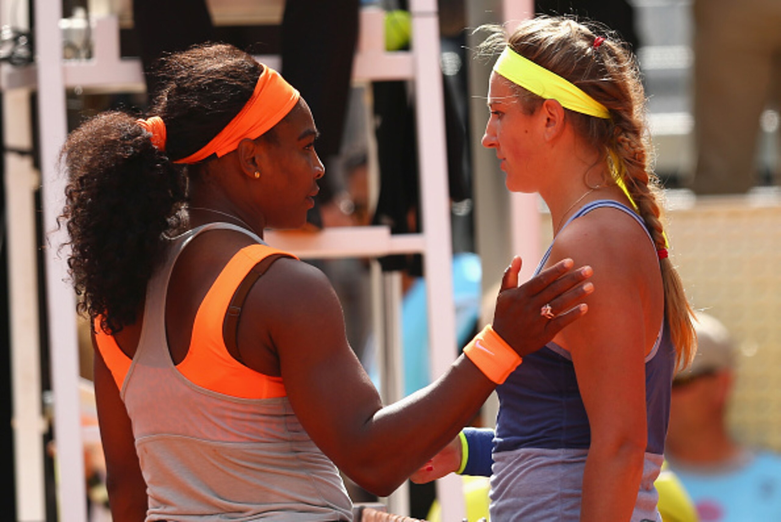 MADRID, SPAIN - MAY 06:  Serena Williams of the United States shakes hands at the net after her three set victory against Victoria Azarenka of Belarus in their third round match during day five of the Mutua Madrid Open tennis tournament at the Caja Magica
