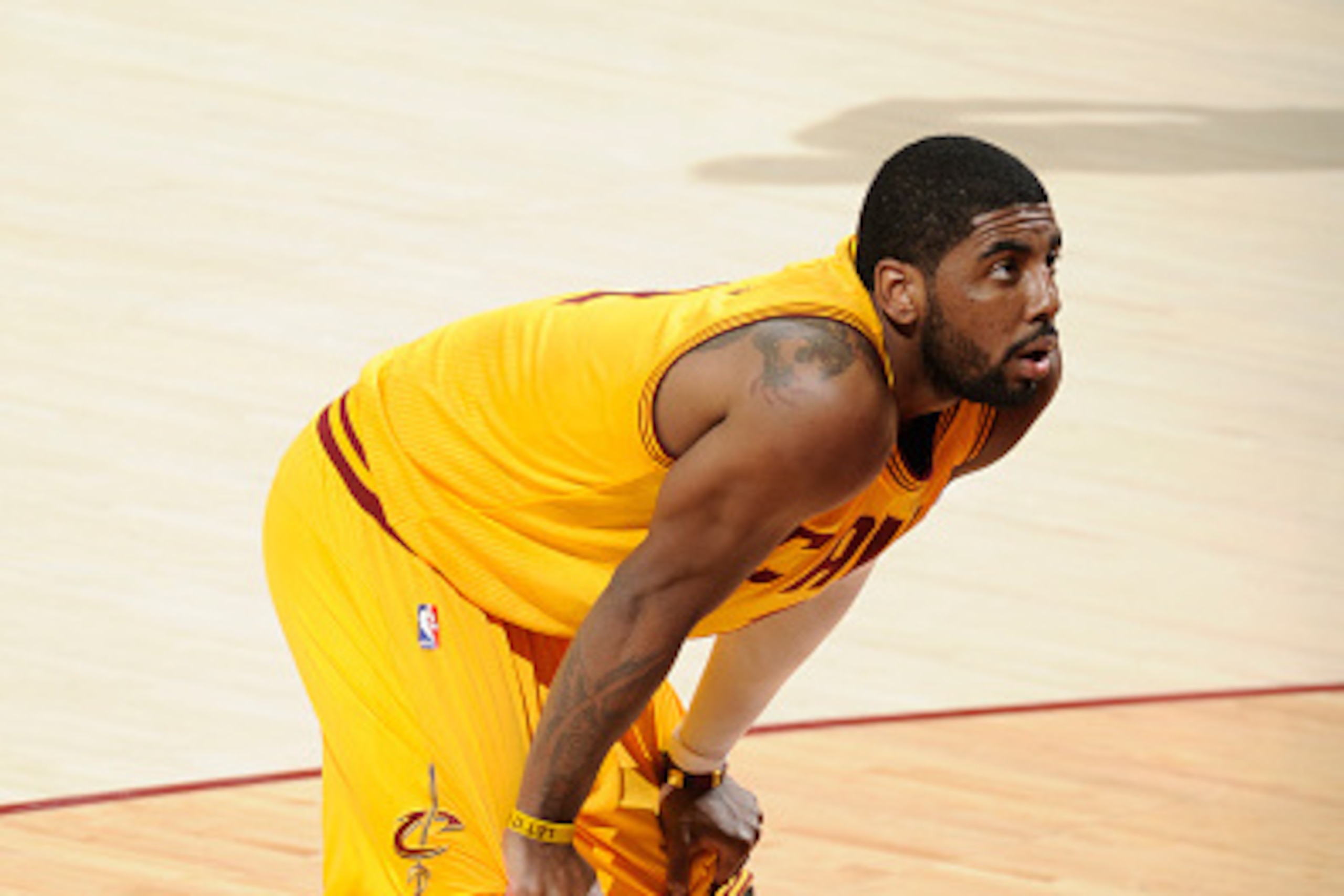 CLEVELAND, OH - MAY 26: Kyrie Irving #2 of the Cleveland Cavaliers stands on the court during a game against the Atlanta Hawks in Game Four of the Eastern Conference Finals during the 2015 NBA Playoffs at The Quicken Loans Arena on May 26, 2015 in Clevela CLEVELAND, OH - MAY 26: Kyrie Irving #2 of the Cleveland Cavaliers stands on the court during a game against the Atlanta Hawks in Game Four of the Eastern Conference Finals during the 2015 NBA Playoffs at The Quicken Loans Arena on May 26, 2015 in Clevela