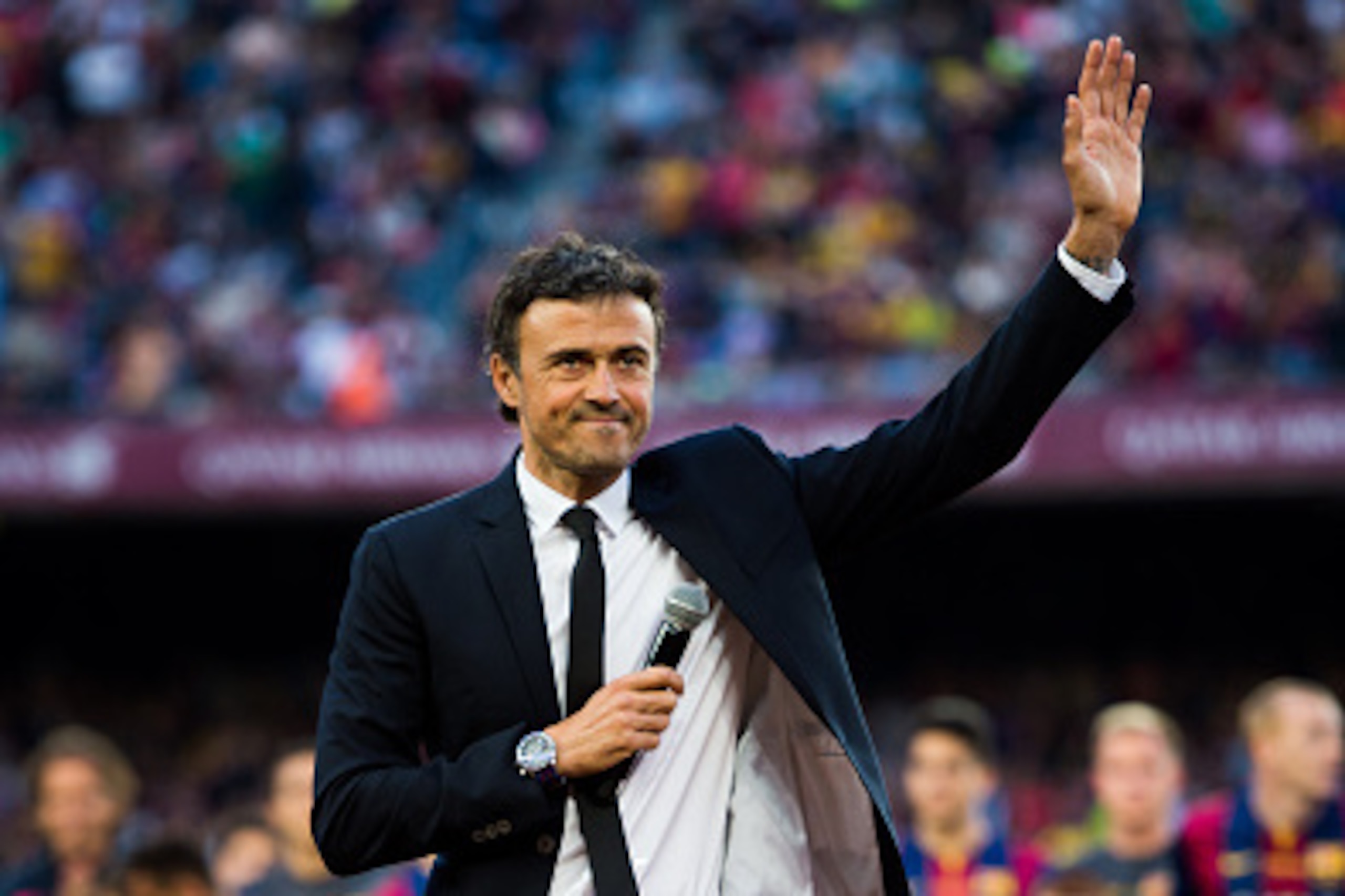 BARCELONA, SPAIN - MAY 23: Head coach Luis Enrique Martinez of FC Barcelona waves to the spectators after the La Liga match between FC Barcelona and RC Deportivo La Coruna at Camp Nou on May 23, 2015 in Barcelona, Spain. (Photo by Alex Caparros/Getty Imag