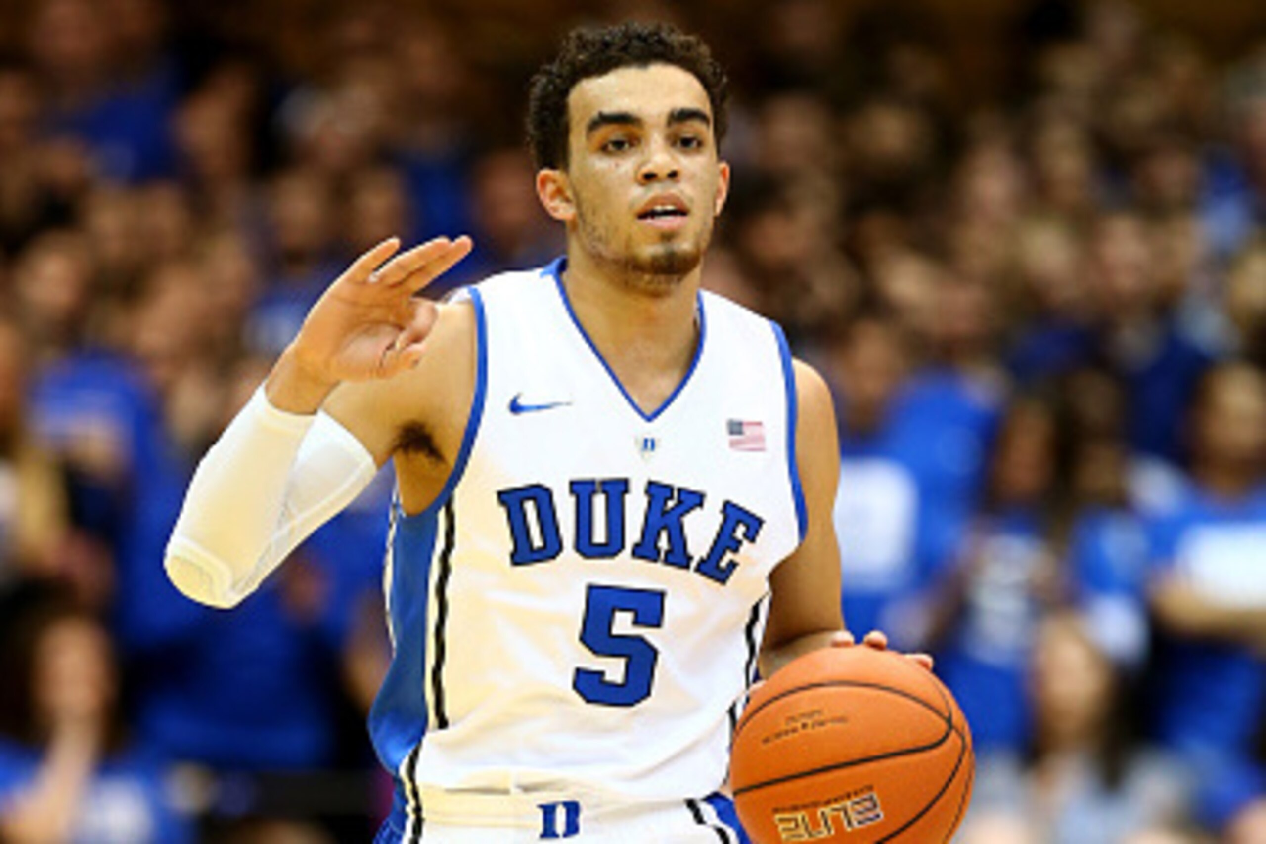 DURHAM, NC - DECEMBER 15:  Tyus Jones #5 of the Duke Blue Devils during their game at Cameron Indoor Stadium on December 15, 2014 in Durham, North Carolina.  (Photo by Streeter Lecka/Getty Images)