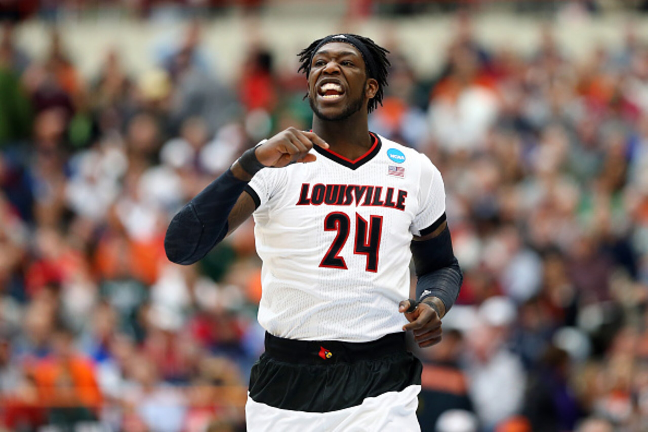 SYRACUSE, NY - MARCH 29:  Montrezl Harrell #24 of the Louisville Cardinals reacts in the first half of the game against the Michigan State Spartans during the East Regional Final of the 2015 NCAA Men's Basketball Tournament at Carrier Dome on March 29, 20