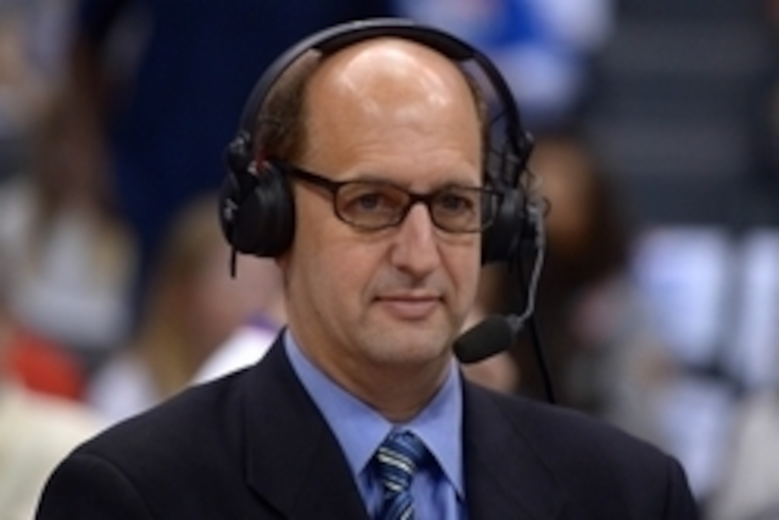May 11, 2014; Los Angeles, CA, USA; ESPN broadcaster Jeff Van Gundy during  game four of the second round of the 2014 NBA Playoffs between the Oklahoma City Thunder and the Los Angeles Clippers at Staples Center. Mandatory Credit: Kirby Lee-USA TODAY Spor