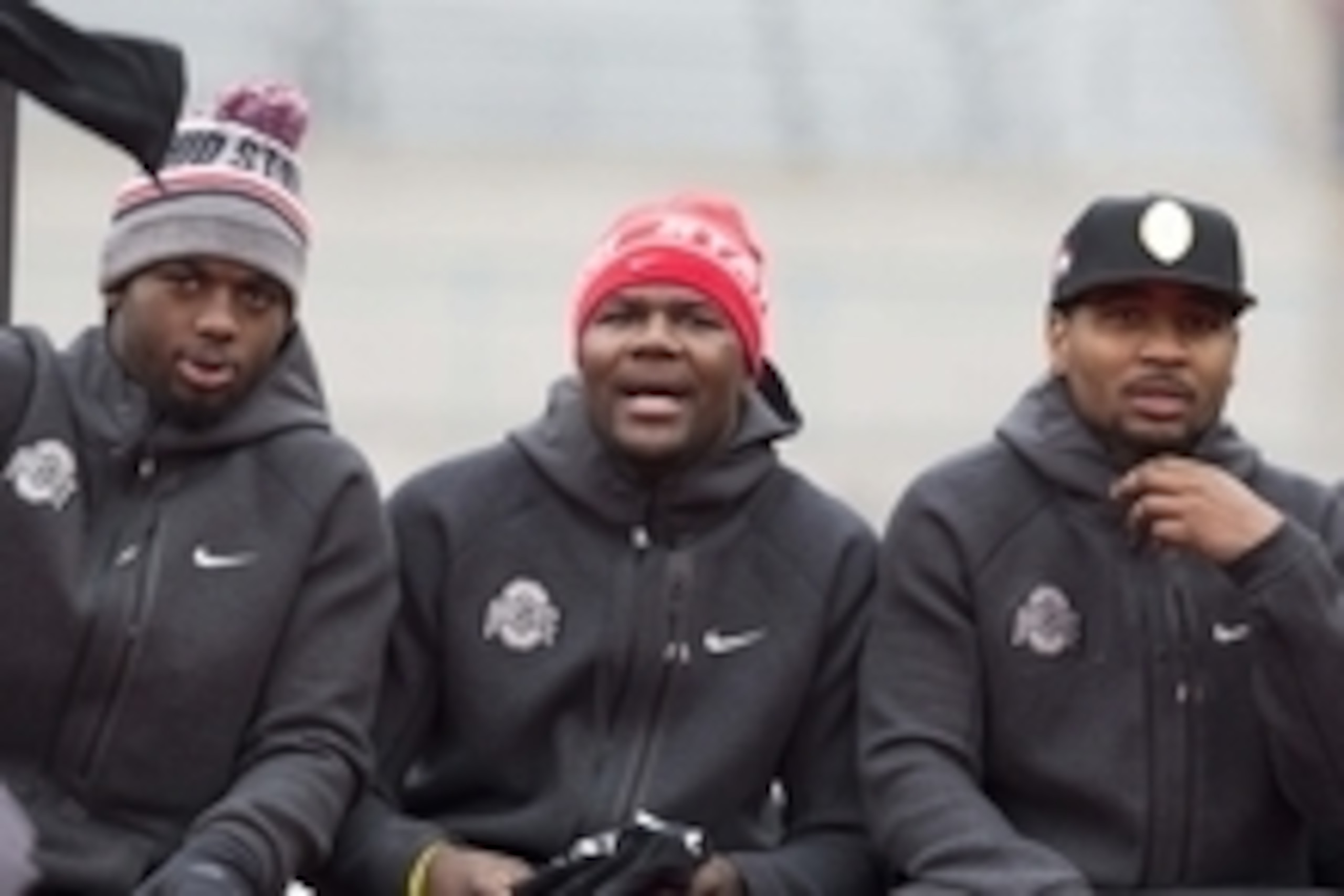 Jan 24, 2015; Columbus, OH, USA; Ohio State Buckeyes quarterbacks J.T. Barrett (16) , Cardale Jones (12) and Braxton Miller (5) react to a speaker during the National Championship celebration at Ohio Stadium. Mandatory Credit: Greg Bartram-USA TODAY Sport Jan 24, 2015; Columbus, OH, USA; Ohio State Buckeyes quarterbacks J.T. Barrett (16) , Cardale Jones (12) and Braxton Miller (5) react to a speaker during the National Championship celebration at Ohio Stadium. Mandatory Credit: Greg Bartram-USA TODAY Sport