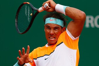 MONTE-CARLO, MONACO - APRIL 18:  Rafael Nadal of Spain play a forehand in his match against Novak Djokovic of Serbia in the semi finals during day seven of the Monte Carlo Rolex Masters tennis at the Monte-Carlo Sporting Club on April 18, 2015 in Monte-Ca