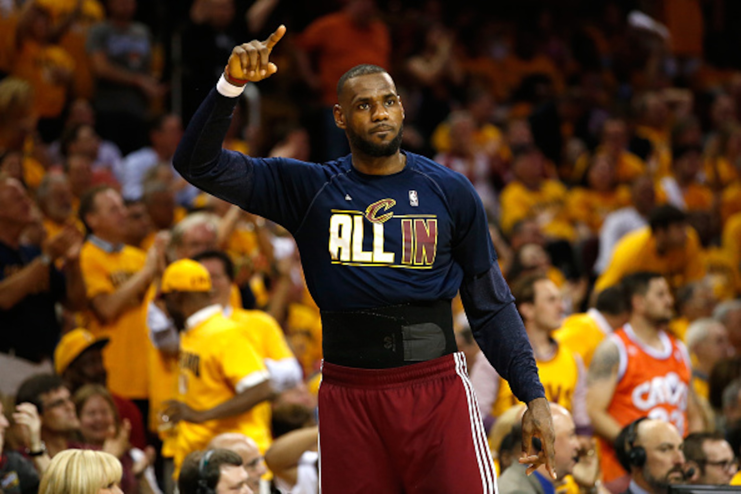 CLEVELAND, OH - MAY 26: LeBron James #23 of the Cleveland Cavaliers reacts late in the fourth quarter against the Atlanta Hawks during Game Four of the Eastern Conference Finals of the 2015 NBA Playoffs at Quicken Loans Arena on May 26, 2015 in Cleveland,