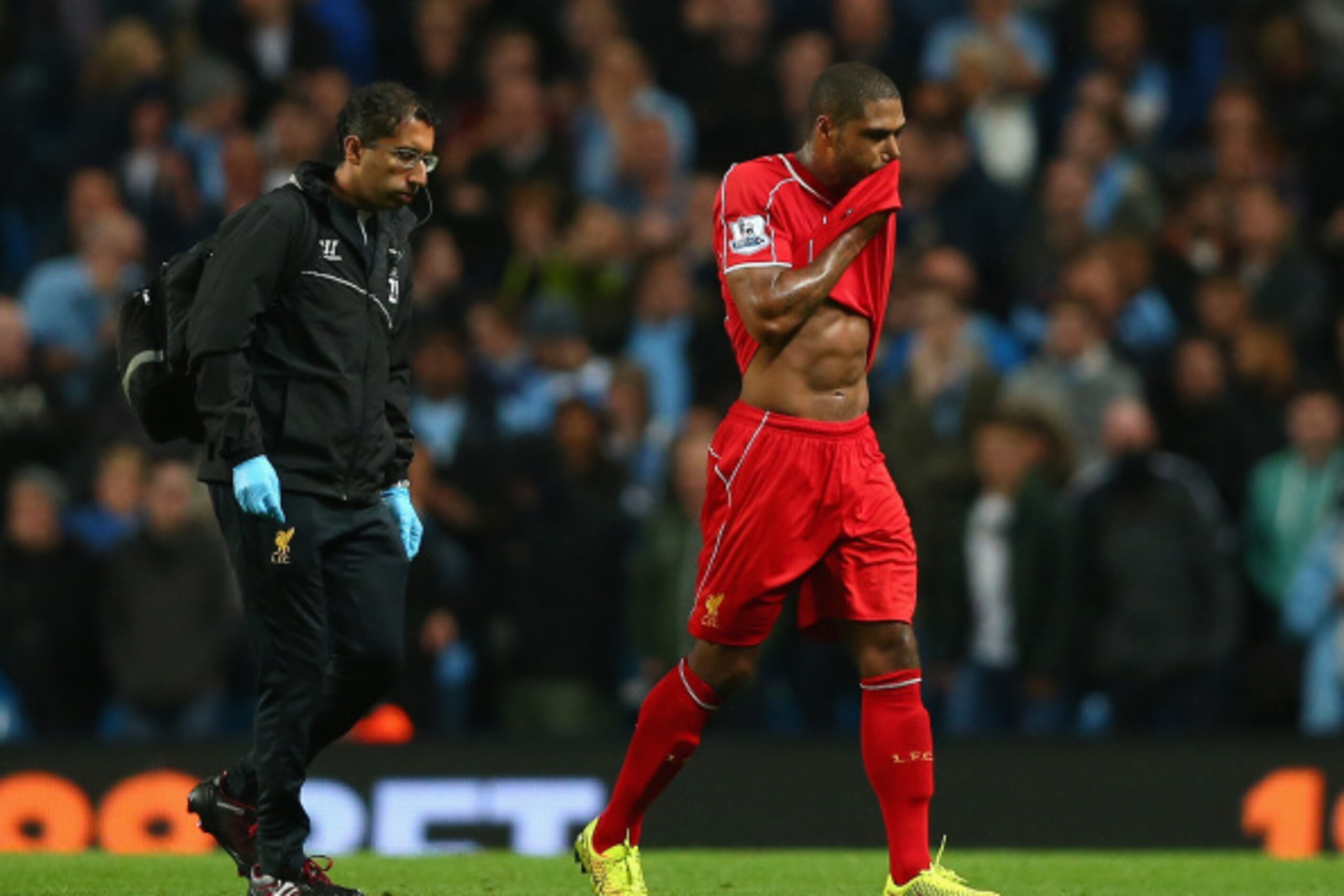 MANCHESTER, ENGLAND - AUGUST 25:   Glen Johnson of Liverpool walks off during the Barclays Premier League match between Manchester City and Liverpool at the Etihad Stadium on August 25, 2014 in Manchester, England.  (Photo by Clive Brunskill/Getty Images)