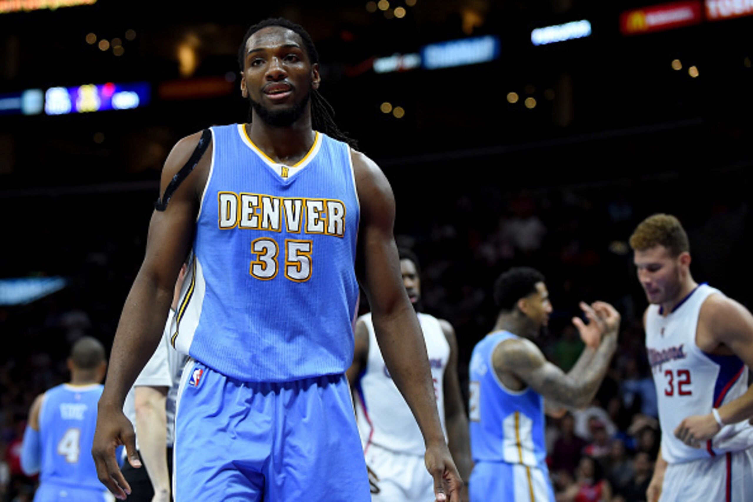 LOS ANGELES, CA - APRIL 13: Kenneth Faried #35 of the Denver Nuggets reacts after his foul on Blake Griffin #32 of the Los Angeles Clippers during a 110-103 Clipper win at Staples Center on April 13, 2015 in Los Angeles, California. NOTE TO USER: User e LOS ANGELES, CA - APRIL 13: Kenneth Faried #35 of the Denver Nuggets reacts after his foul on Blake Griffin #32 of the Los Angeles Clippers during a 110-103 Clipper win at Staples Center on April 13, 2015 in Los Angeles, California. NOTE TO USER: User e