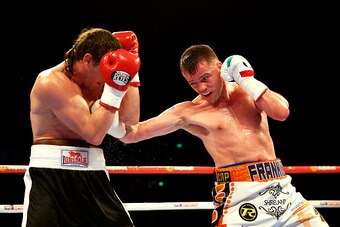 SHEFFIELD, ENGLAND - MARCH 28:  Frankie Gavin (R) of Great Britain fights Bogdan Mitic (L) of Serbia during a welterweight contest at Motorpoint Arena on March 28, 2015 in Sheffield, England.  (Photo by Richard Heathcote/Getty Images)