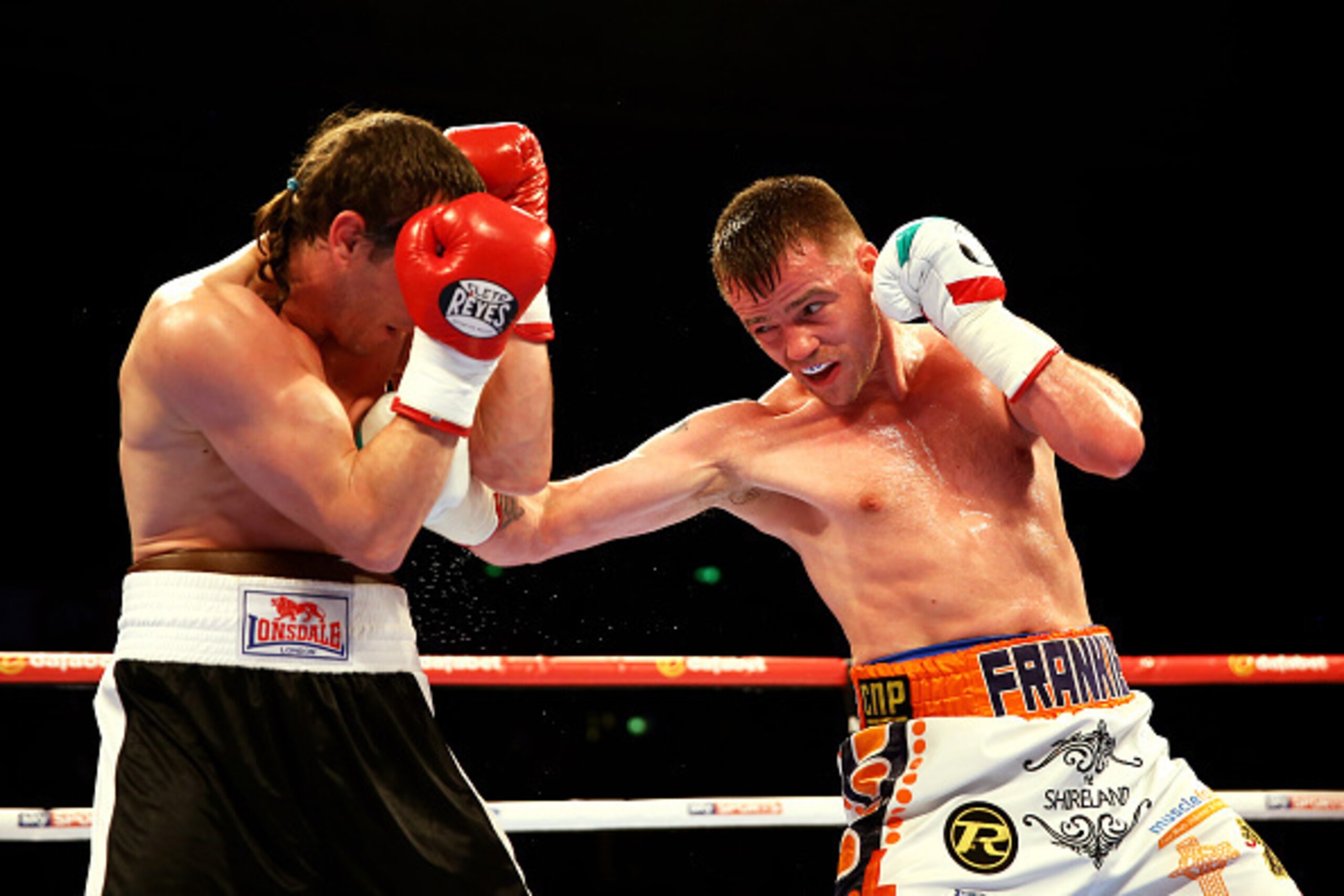 SHEFFIELD, ENGLAND - MARCH 28:  Frankie Gavin (R) of Great Britain fights Bogdan Mitic (L) of Serbia during a welterweight contest at Motorpoint Arena on March 28, 2015 in Sheffield, England.  (Photo by Richard Heathcote/Getty Images)