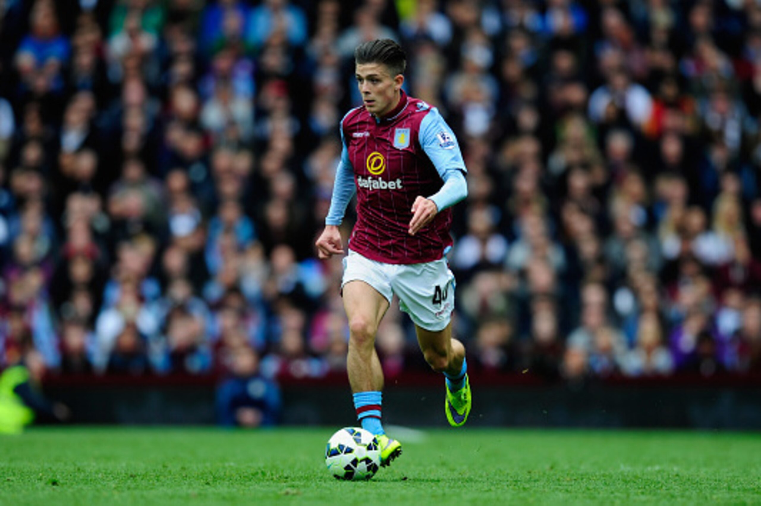 BIRMINGHAM, ENGLAND - MAY 09:  Villa player Jack Grealish in action during the Barclays Premier League match between Aston Villa and West Ham United  at Villa Park on May 9, 2015 in Birmingham, England.  (Photo by Stu Forster/Getty Images)