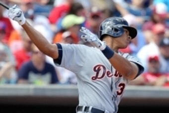 Mar 10, 2015; Clearwater, FL, USA; Detroit Tigers left fielder Steven Moya (33) swings and misses during the fourth inning of a spring training baseball game against the Philadelphia Phillies at Bright House Field. Mandatory Credit: Reinhold Matay-USA TOD