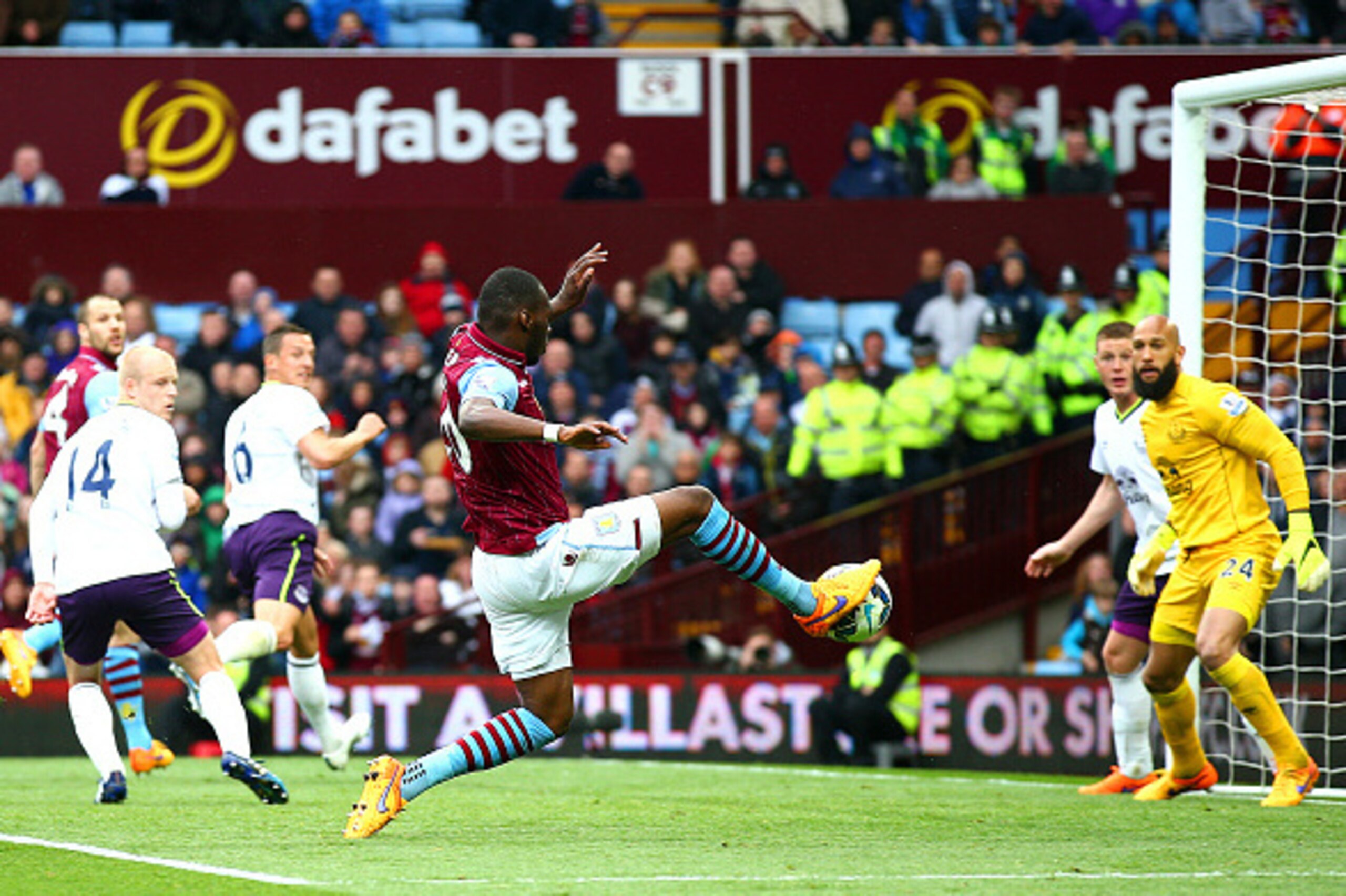 BIRMINGHAM, ENGLAND - MAY 02:  Christian Benteke of Aston Villa scores his team's second goal during the Barclays Premier League match between Aston Villa and Everton at Villa Park on May 2, 2015 in Birmingham, England.  (Photo by Mark Thompson/Getty Imag