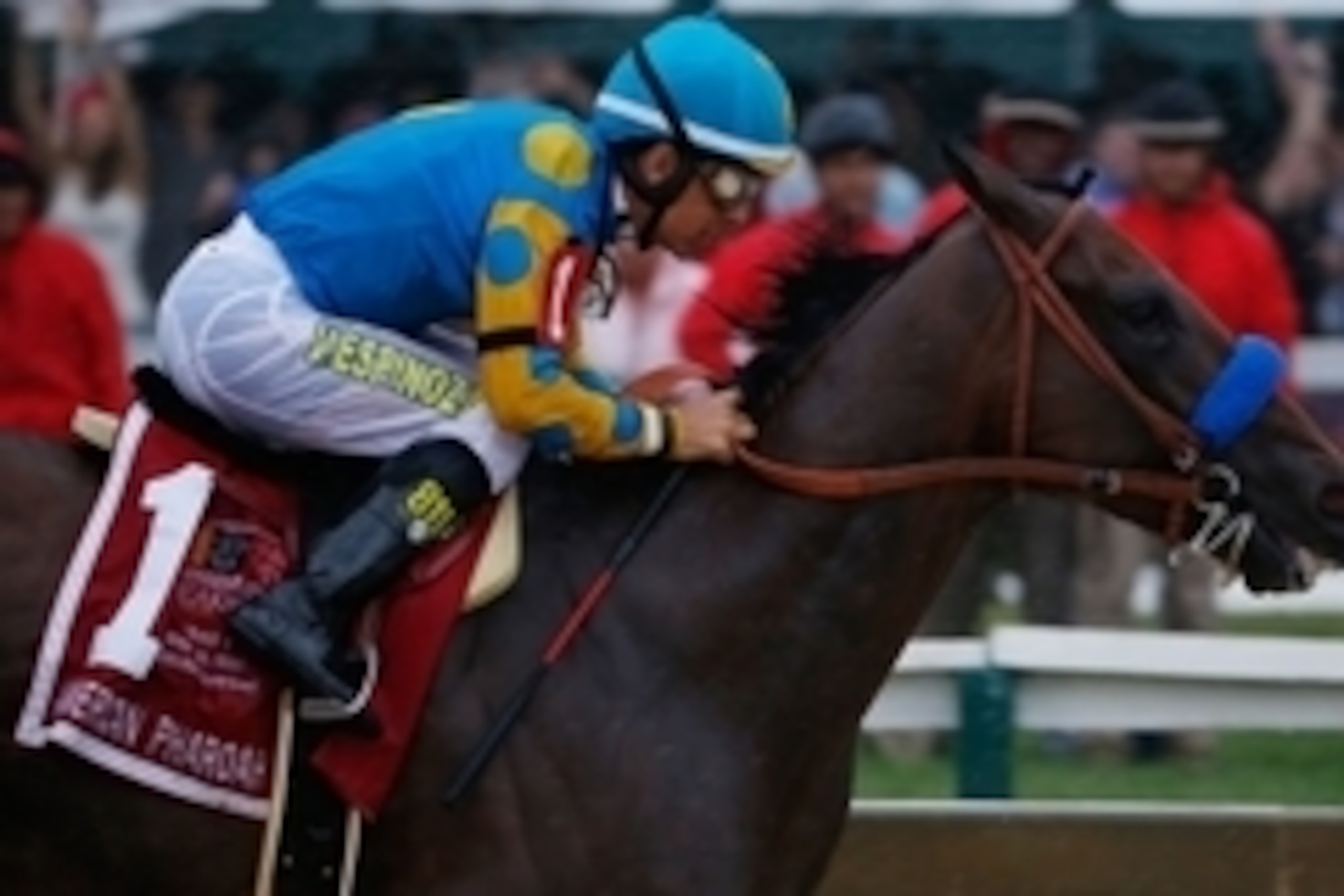 May 16, 2015; Baltimore, MD, USA; Victor Espinoza aboard American Pharoah leads the pack out of turn four during the 140th Preakness Stakes at Pimlico Race Course. Mandatory Credit: Geoff Burke-USA TODAY Sports
