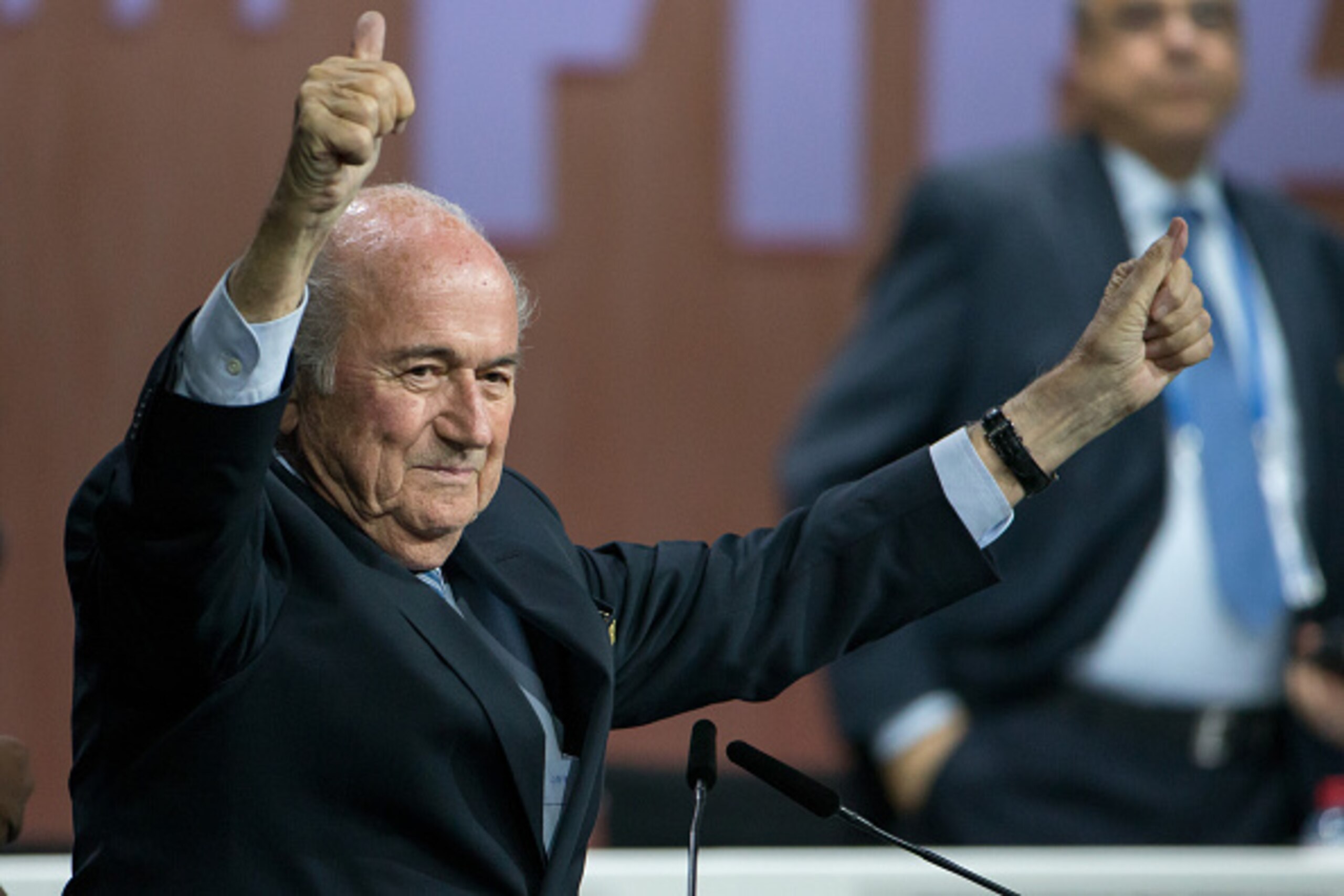 ZURICH, SWITZERLAND - MAY 29: FIFA President Joseph S. Blatter celebrates his election during the 65th FIFA Congress at Hallenstadion on May 29, 2015 in Zurich, Switzerland. (Photo by Philipp Schmidli/Getty Images)