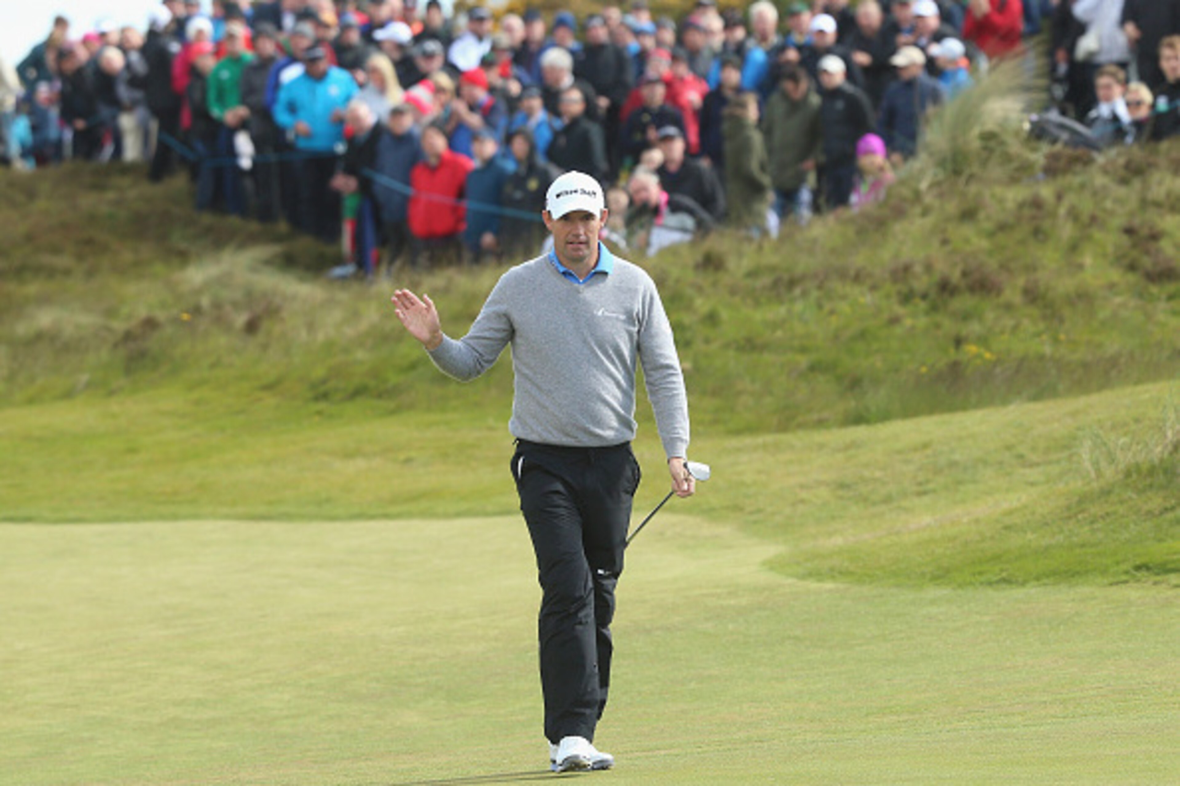 NEWCASTLE, NORTHERN IRELAND - MAY 29:  Padraig Harrington of Ireland acknowledges the crowd on the 18th green during the Second Round of the Dubai Duty Free Irish Open Hosted by the Rory Foundation at Royal County Down Golf Club on May 29, 2015 in Newcast