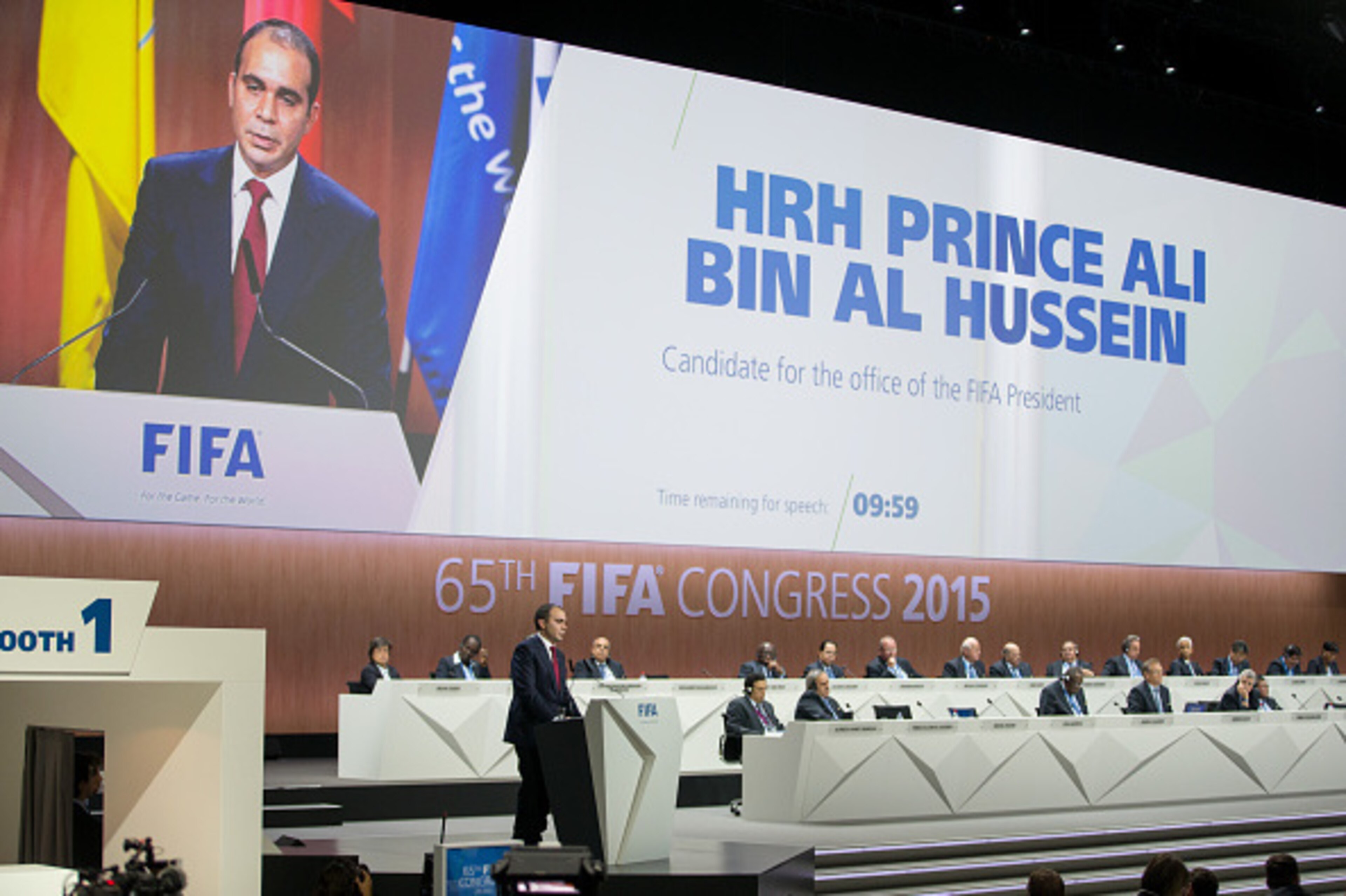 ZURICH, SWITZERLAND - MAY 29: Jordanian Prince Ali bin al Hussein, FIFA vice president and Challenger to Joseph S. Blatter for the FIFA presidency, gives a speech during the 65th FIFA Congress at Hallenstadion on May 29, 2015 in Zurich, Switzerland. (Phot