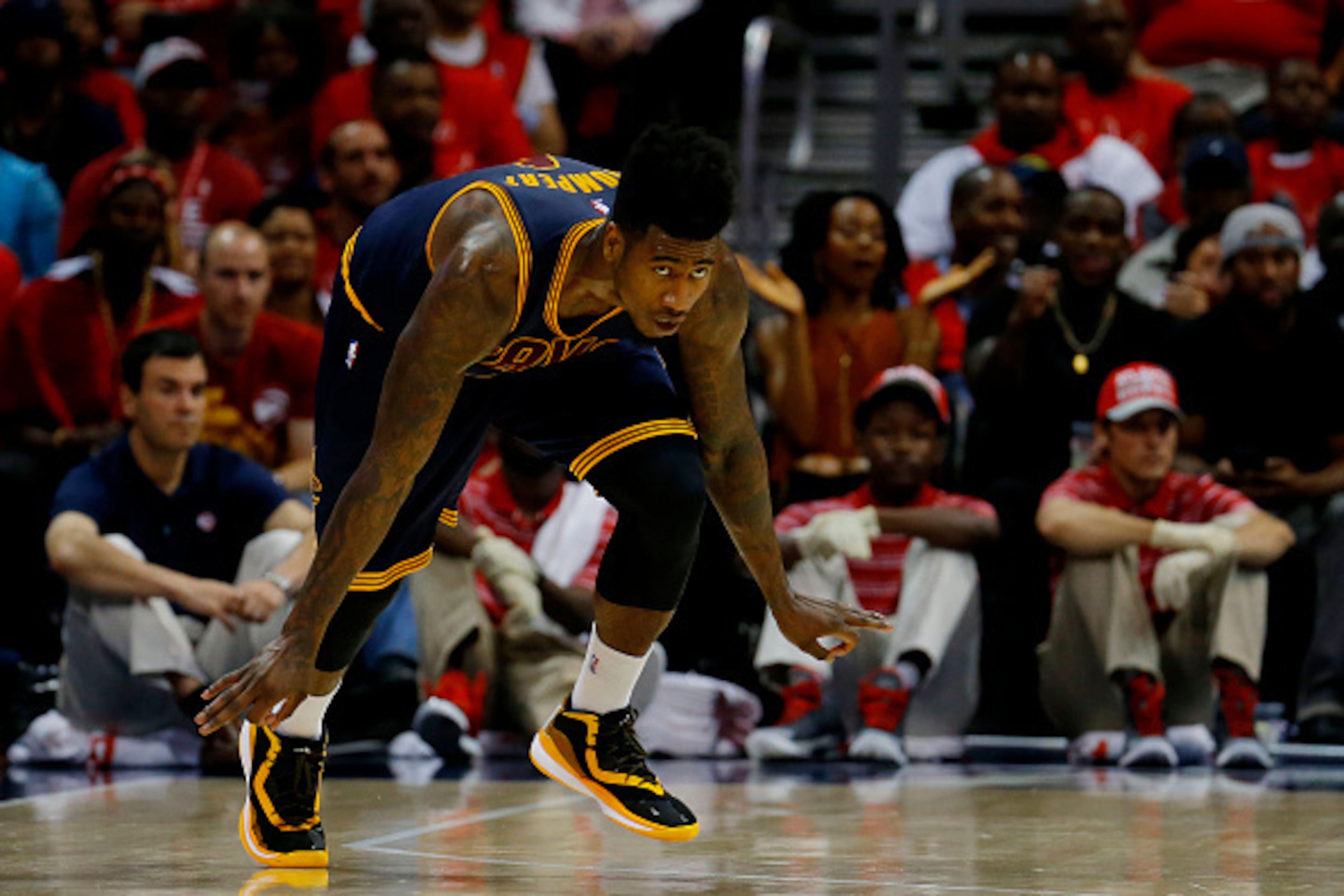 ATLANTA, GA - MAY 22:  Iman Shumpert #4 of the Cleveland Cavaliers celebrates after hitting a three pointer in the third quarter against the Atlanta Hawks during Game Two of the Eastern Conference Finals of the 2015 NBA Playoffs at Philips Arena on May 22