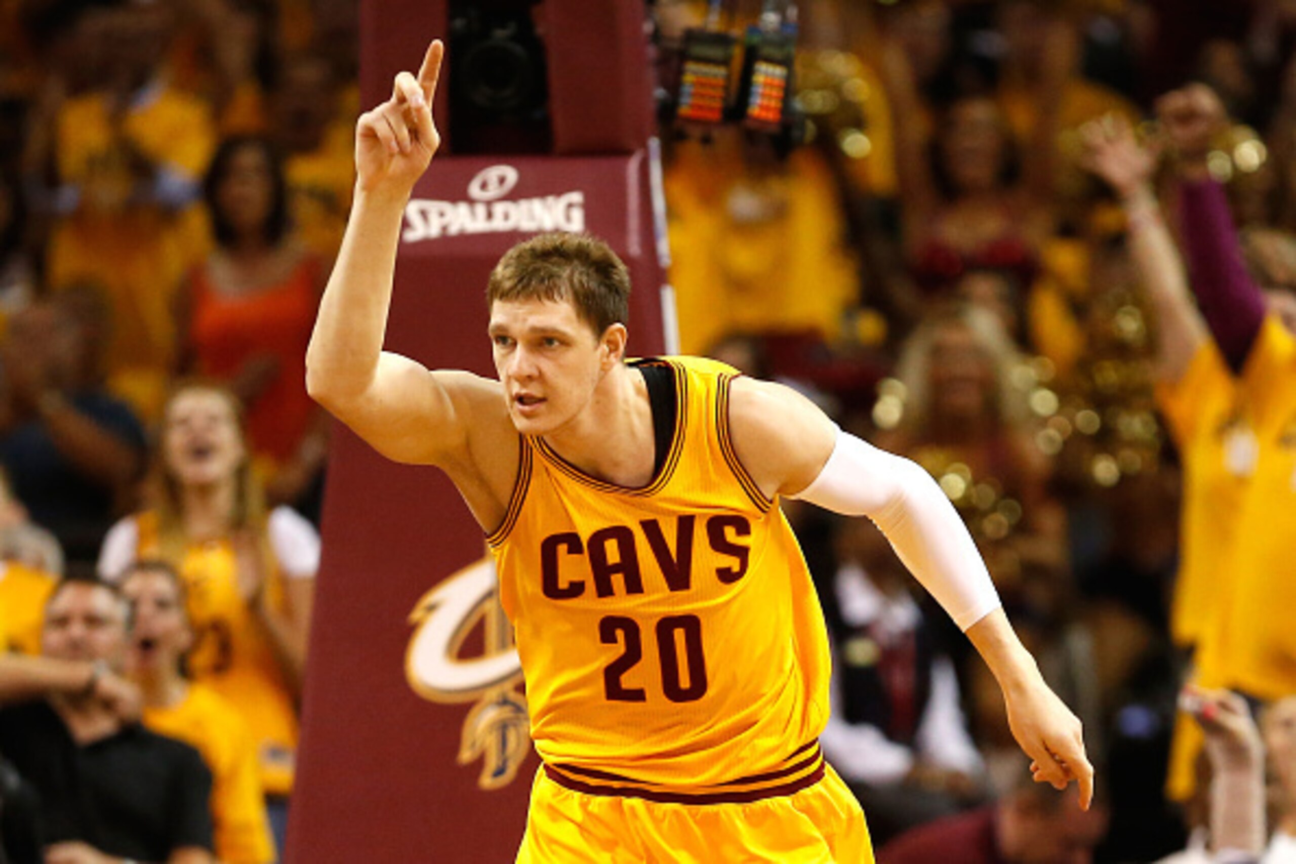 CLEVELAND, OH - MAY 26: Timofey Mozgov #20 of the Cleveland Cavaliers reacts after a play in the first quarter against the Atlanta Hawks during Game Four of the Eastern Conference Finals of the 2015 NBA Playoffs at Quicken Loans Arena on May 26, 2015 in C