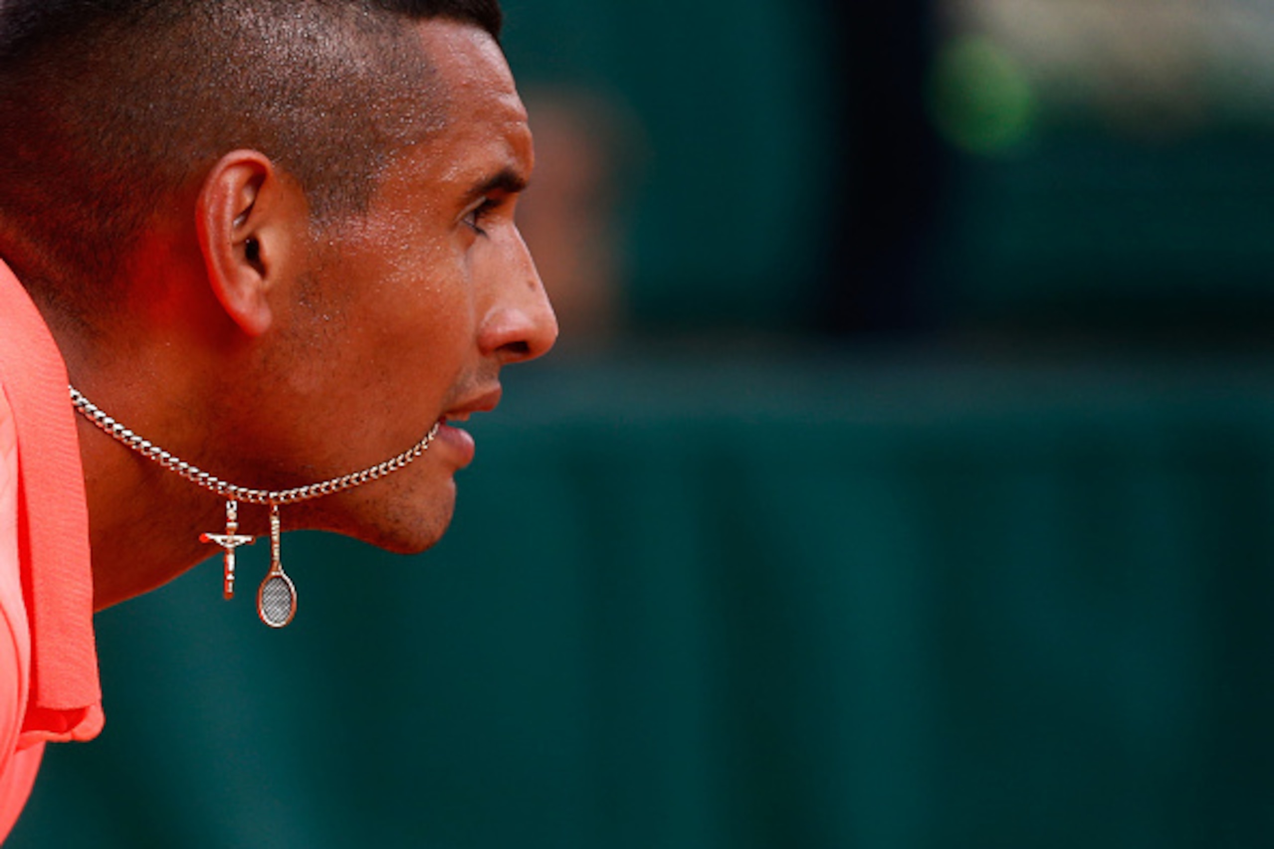 PARIS, FRANCE - MAY 26:  Nick Kyrgios of Australia looks on during his Men's Doubles match with and Mahesh Bhupathi of India against  Thanasi Kokkinakis of Australia and Lucas Pouille of France on day three of the 2015 French Open at Roland Garros on May 