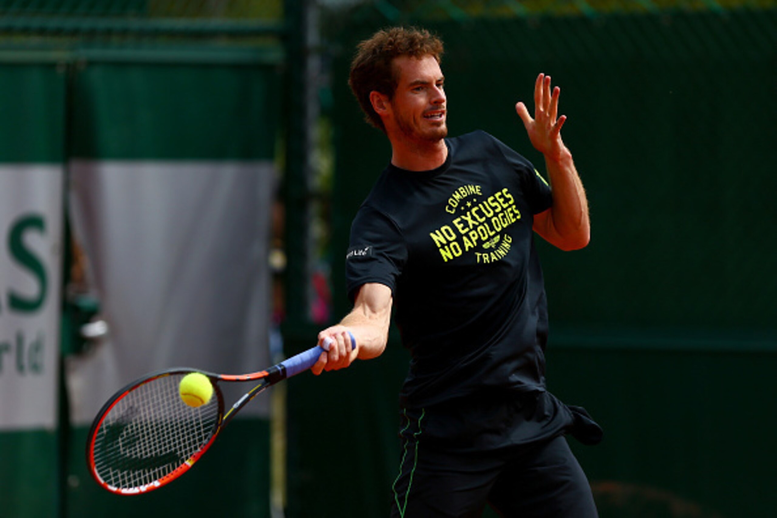 PARIS, FRANCE - MAY 29:  Andy Murray of Great Britain plays a forehand during a practice session on day six of the 2015 French Open at Roland Garros on May 29, 2015 in Paris, France.  (Photo by Dan Istitene/Getty Images)