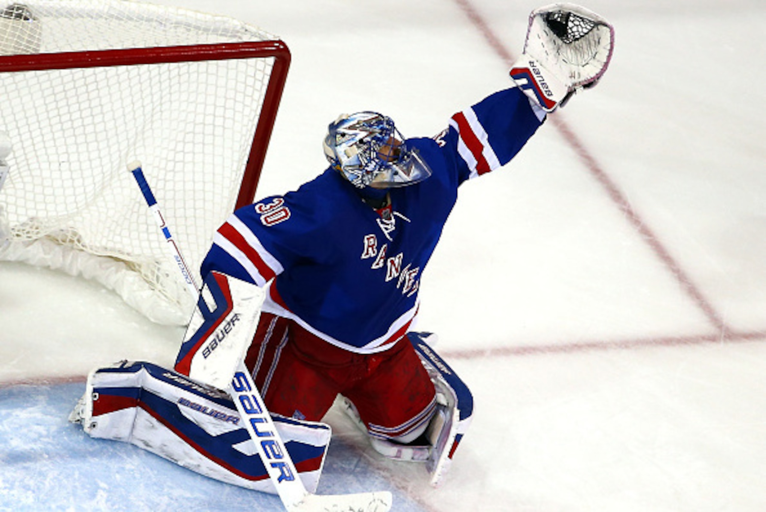 NEW YORK, NY - MAY 29:  Henrik Lundqvist #30 of the New York Rangers makes a save in the second period against the Tampa Bay Lightning in Game Seven of the Eastern Conference Finals during the 2015 NHL Stanley Cup Playoffs at Madison Square Garden on May 