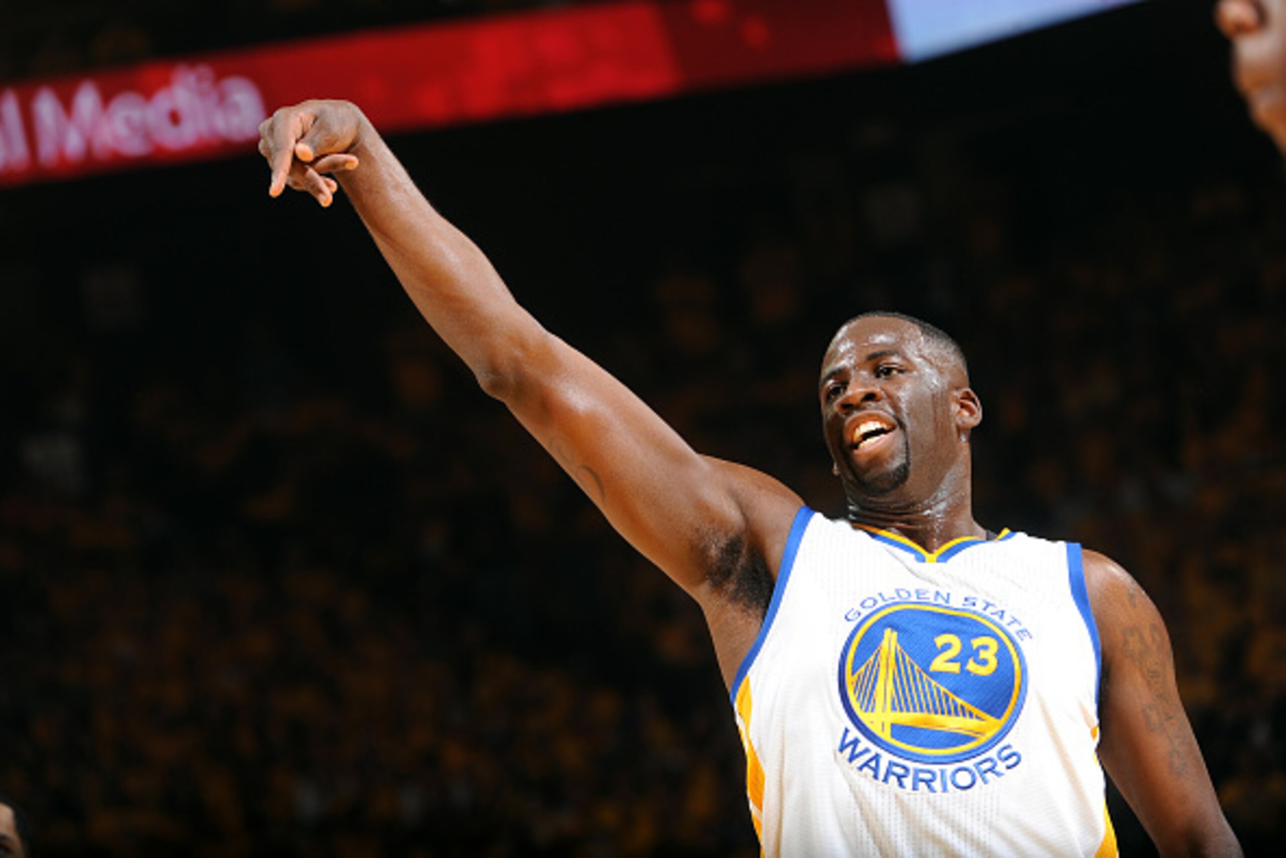 OAKLAND, CA - MAY 27: Draymond Green #23 of the Golden State Warriors shoots against the Houston Rockets in Game Five of the Western Conference Finals of the 2015 NBA Playoffs on May 27, 2015 at Oracle Arena in Oakland, California. NOTE TO USER: User expr