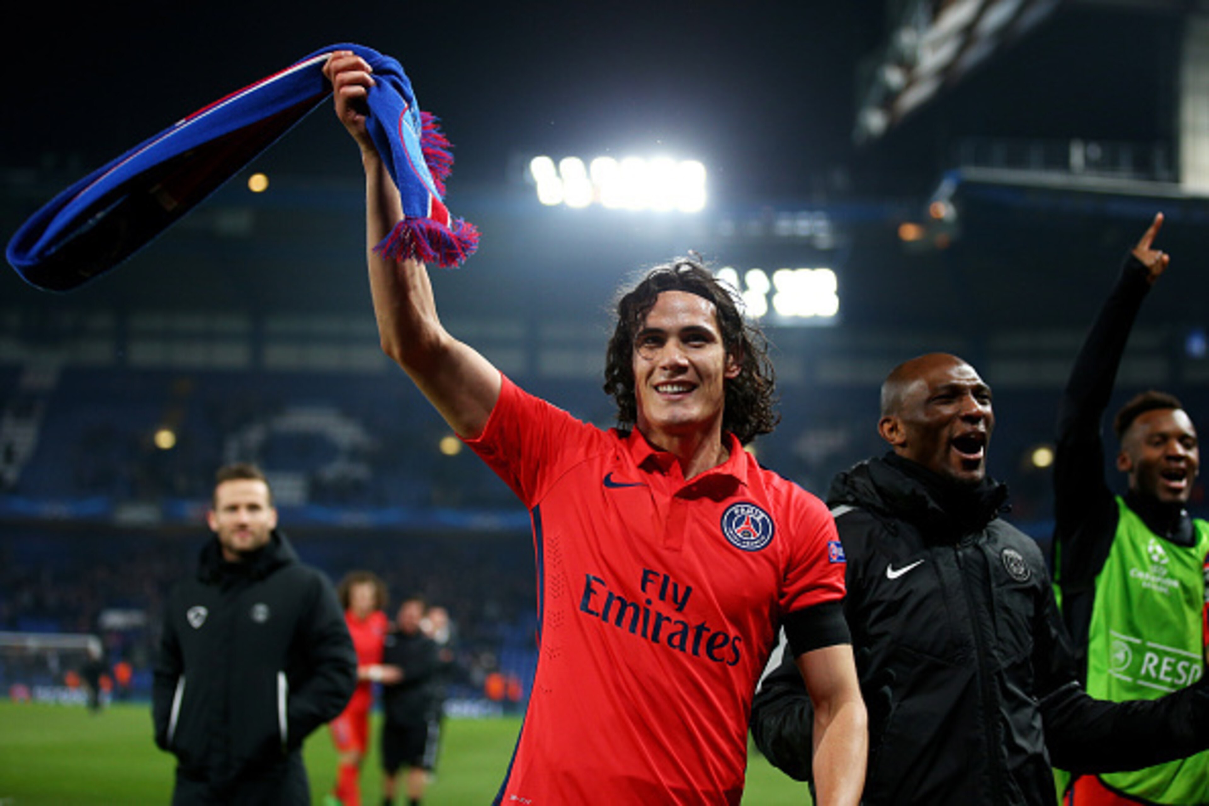 LONDON, ENGLAND - MARCH 11: Edinson Cavani of PSG celebrates following his team's victory in extra time during the UEFA Champions League Round of 16, second leg match between Chelsea and Paris Saint-Germain at Stamford Bridge on March 11, 2015 in London, 