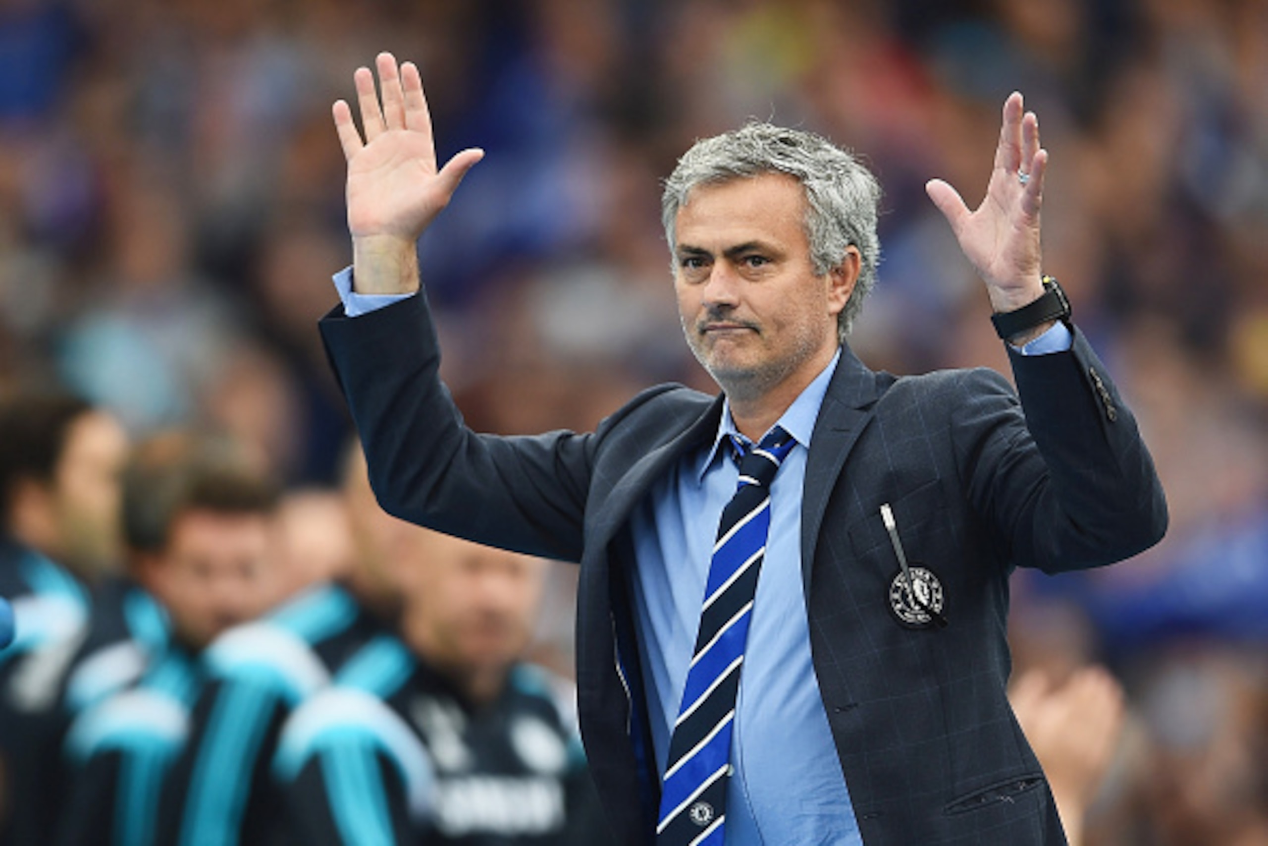 LONDON, ENGLAND - MAY 24:  Jose Mourinho manager of Chelsea celebrates winning the Premier League title after the Barclays Premier League match between Chelsea and Sunderland at Stamford Bridge on May 24, 2015 in London, England.  (Photo by Laurence Griff