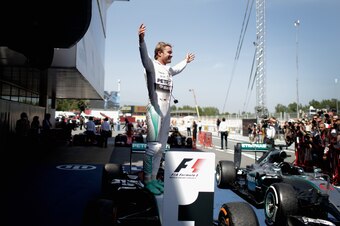 MONTMELO, SPAIN - MAY 10:  Nico Rosberg of Germany and Mercedes GP celebrates in Parc Ferme after winning the Spanish Formula One Grand Prix at Circuit de Catalunya on May 10, 2015 in Montmelo, Spain.  (Photo by Adam Pretty/Getty Images)