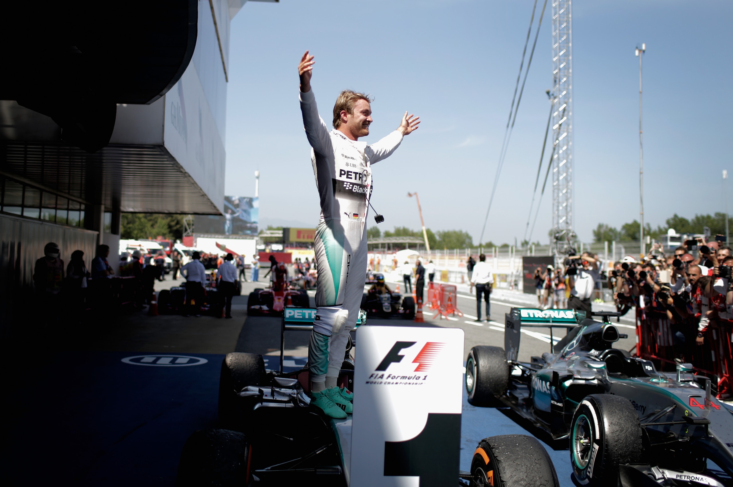 MONTMELO, SPAIN - MAY 10:  Nico Rosberg of Germany and Mercedes GP celebrates in Parc Ferme after winning the Spanish Formula One Grand Prix at Circuit de Catalunya on May 10, 2015 in Montmelo, Spain.  (Photo by Adam Pretty/Getty Images)