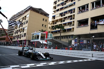 MONTE-CARLO, MONACO - MAY 24:  Nico Rosberg of Germany and Mercedes GP crosses the finish line to win the Monaco Formula One Grand Prix at Circuit de Monaco on May 24, 2015 in Monte-Carlo, Monaco.  (Photo by Dan Istitene/Getty Images)