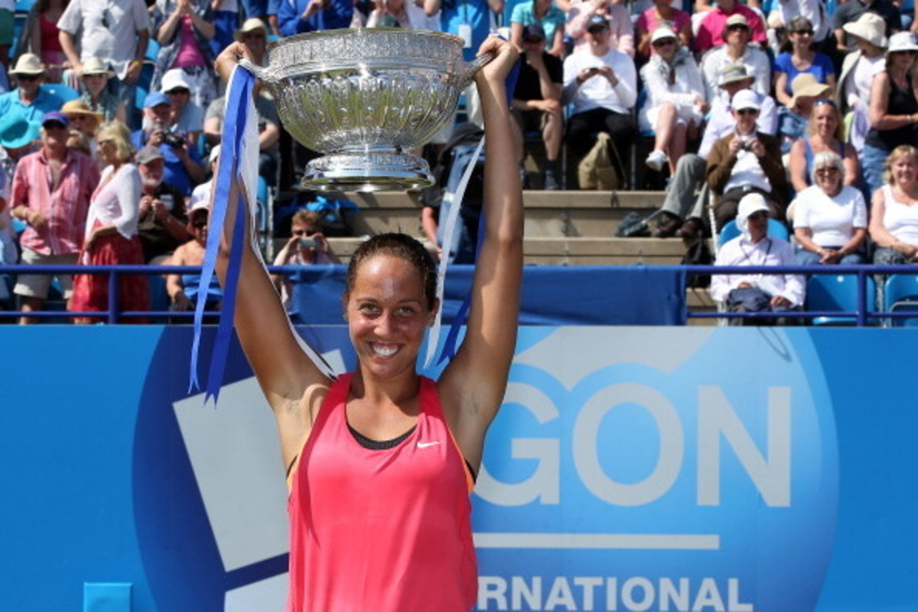 EASTBOURNE, ENGLAND - JUNE 21:  Madison Keys of USA celebrates with the trophy after beating Angelique Kerber of Germany during their Women's Finals match on day eight of the Aegon International at Devonshire Park on June 21, 2014 in Eastbourne, England. 