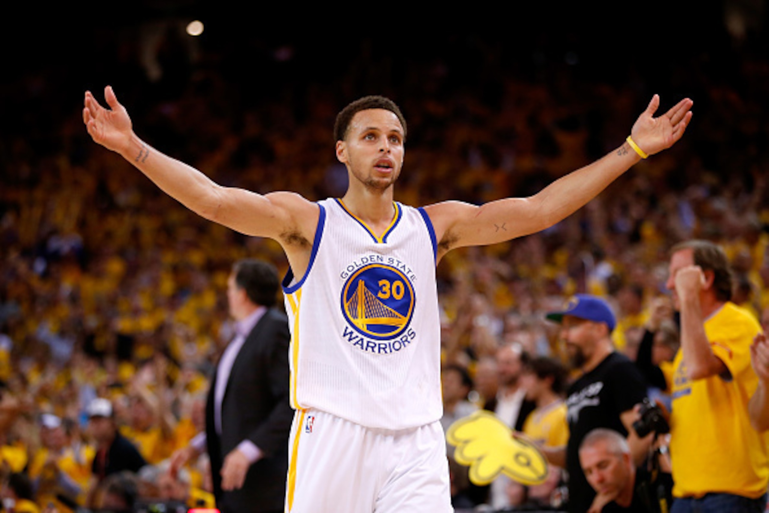 OAKLAND, CA - MAY 27:  Stephen Curry #30 of the Golden State Warriors celebrates late in the fourth quarter against the Houston Rockets during game five of the Western Conference Finals of the 2015 NBA Playoffs at ORACLE Arena on May 27, 2015 in Oakland, 