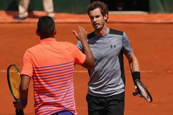 PARIS, FRANCE - MAY 30:  Andy Murray of Great Britain shakes hands with Nick Kyrgios of Australia  after their Men's Singles match on day seven of the 2015 French Open at Roland Garros on May 30, 2015 in Paris, France.  (Photo by Clive Brunskill/Getty Ima