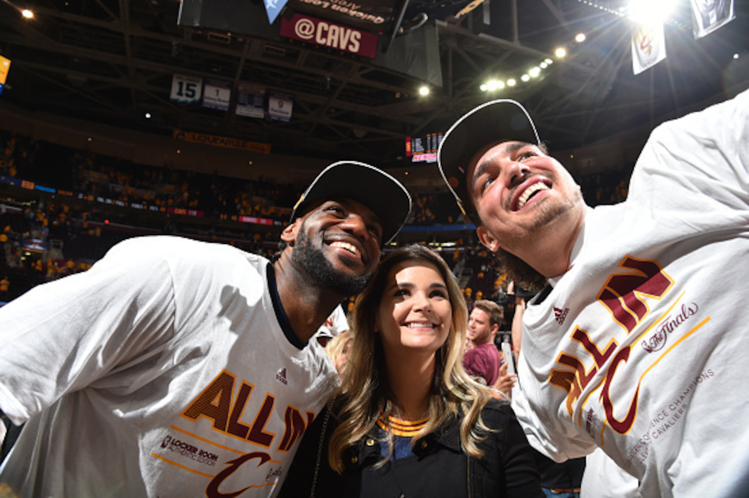 CLEVELAND,OH - MAY 26:  LeBron James #23 and Anderson Varejao #17 of the Cleveland Cavaliers pose for pictures after game four against the Atlanta Hawks at the Quicken Loans Arena During Game Four of the Eastern Conference Finals during the 2015 NBA Playo