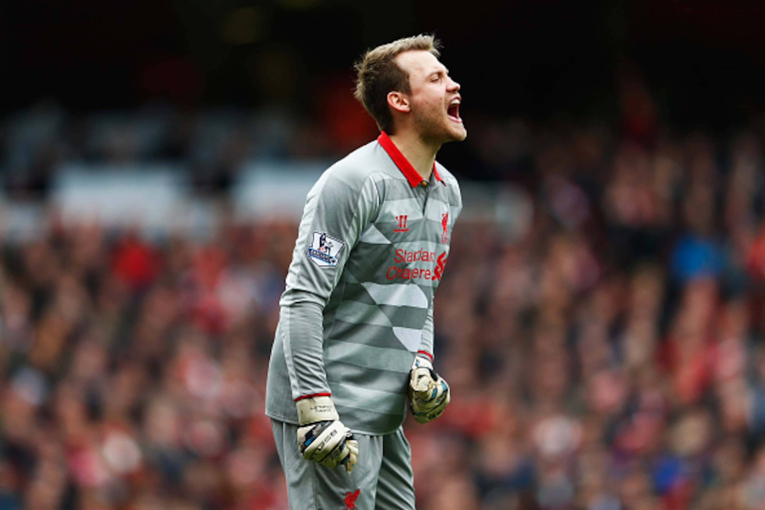 LONDON, ENGLAND - APRIL 04:  Simon Mignolet of Liverpool shouts during the Barclays Premier League match between Arsenal and Liverpool at Emirates Stadium on April 4, 2015 in London, England.  (Photo by Julian Finney/Getty Images)